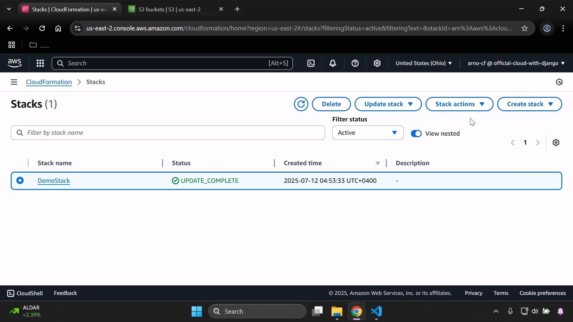 A screenshot of the AWS CloudFormation "Stacks" console showing one stack named "DemoStack" with status "UPDATE_COMPLETE" and a creation timestamp. Action buttons like Delete, Update stack, Stack actions and Create stack are visible at the top.