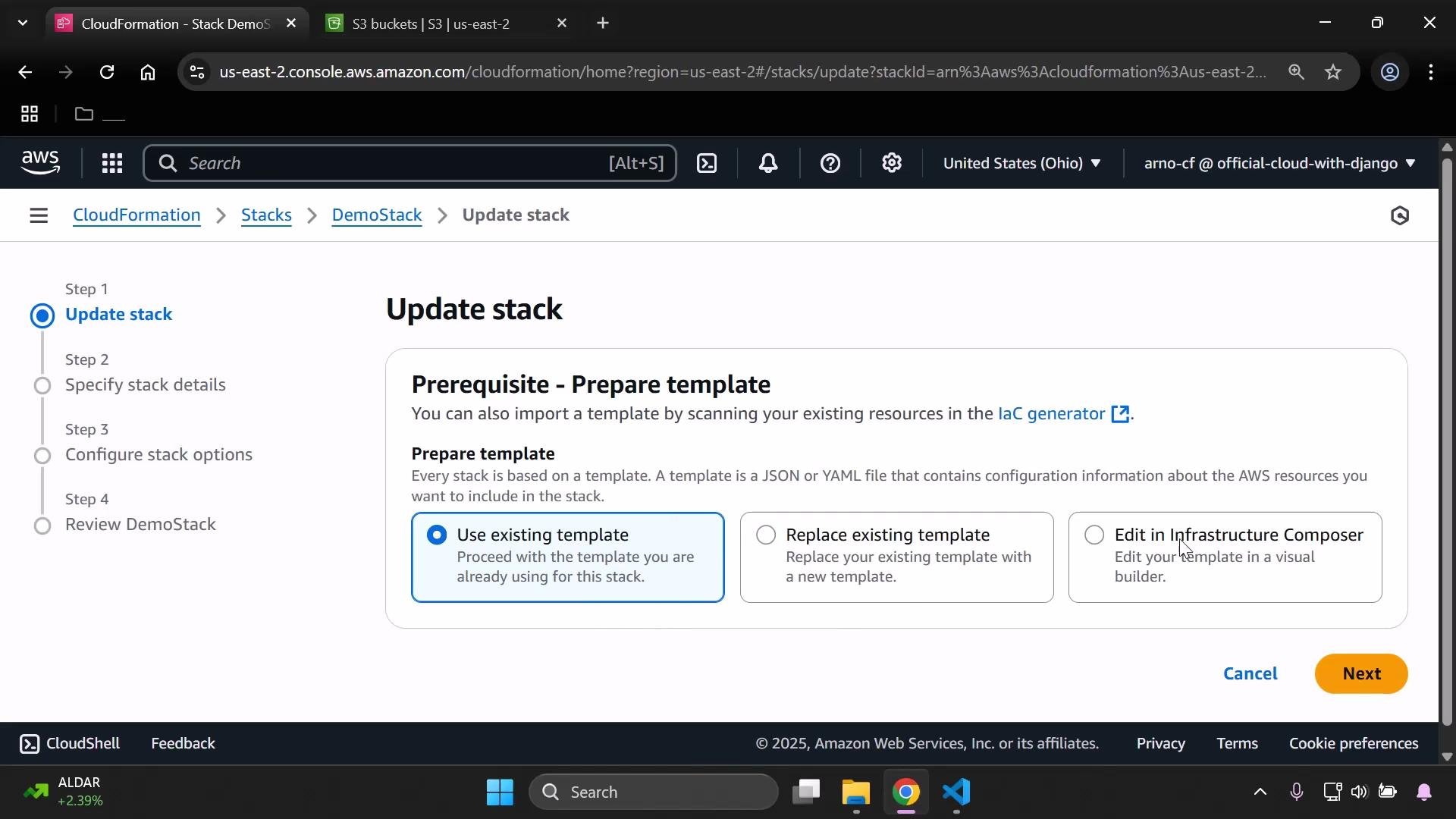 Screenshot of the AWS CloudFormation console on the "Update stack" page. It shows the "Prerequisite - Prepare template" options (Use existing template selected) and a step-by-step navigation sidebar.