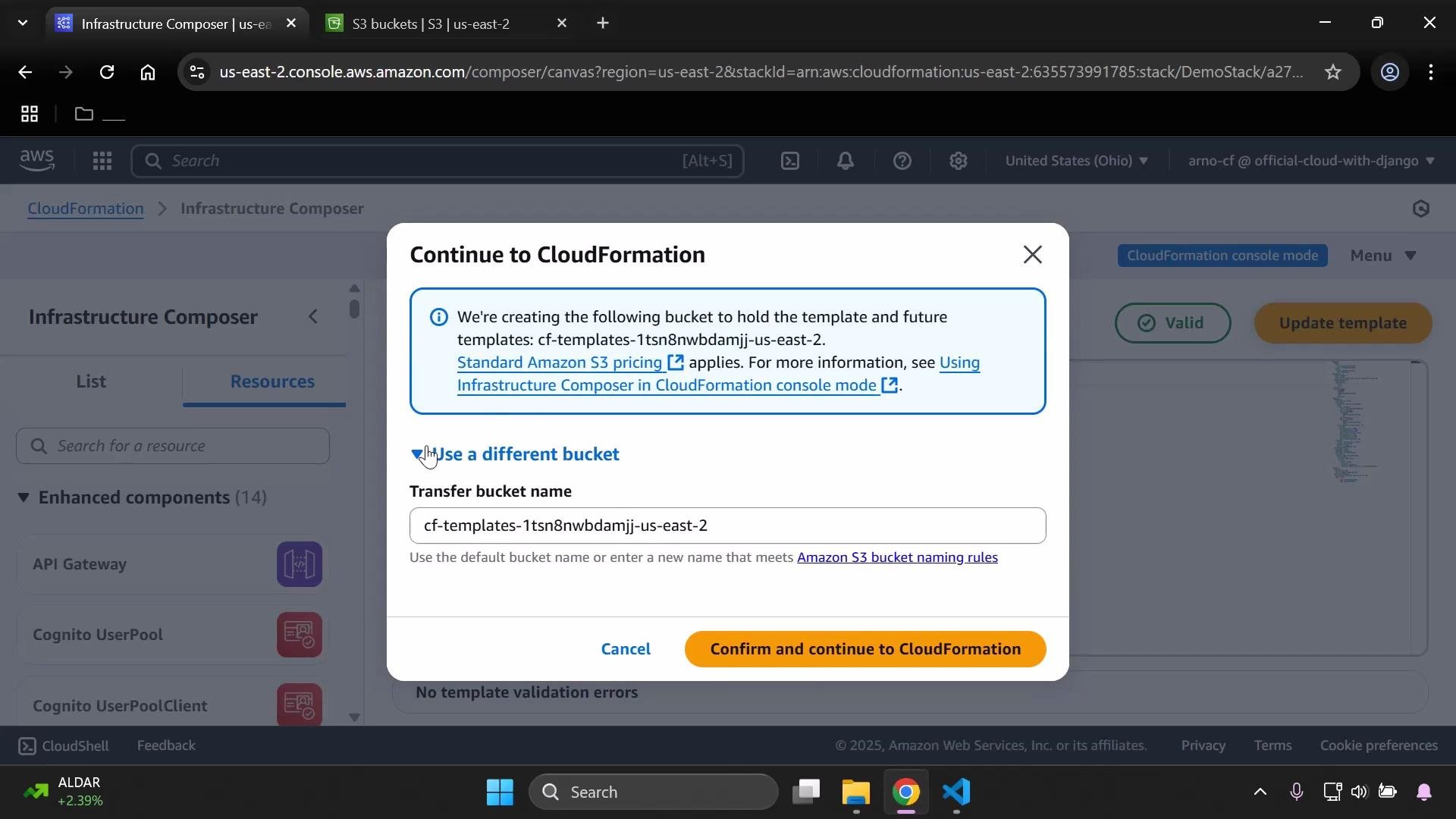 A screenshot of the AWS CloudFormation Infrastructure Composer showing a "Continue to CloudFormation" dialog that explains an S3 bucket (cf-templates-1tsn8nwbdamjj-us-east-2) will be created to hold the template. The dialog offers a field to change the transfer bucket name and buttons to cancel or confirm and continue to CloudFormation.