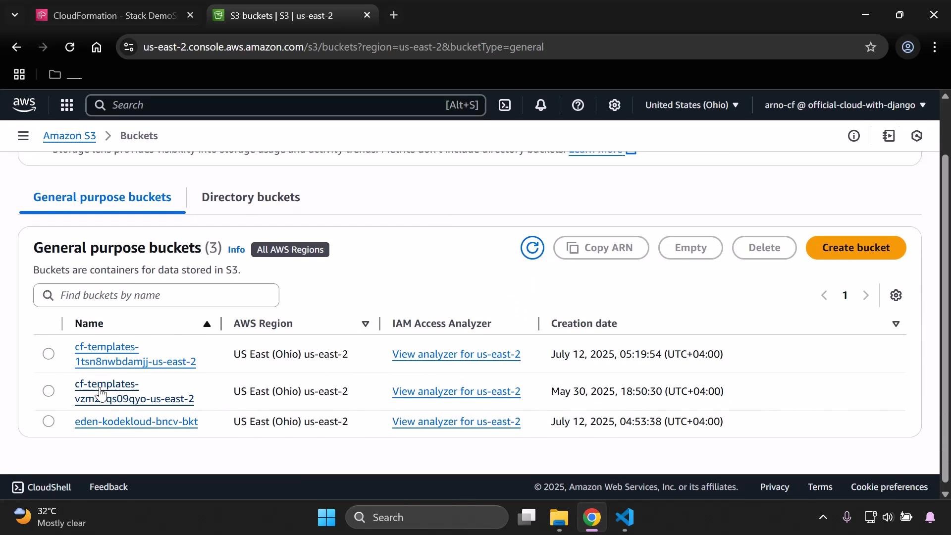 Screenshot of the Amazon S3 console showing the "General purpose buckets" view. It lists three buckets in the US East (Ohio) us‑east‑2 region with their names, IAM Access Analyzer links, creation dates, and a "Create bucket" button.