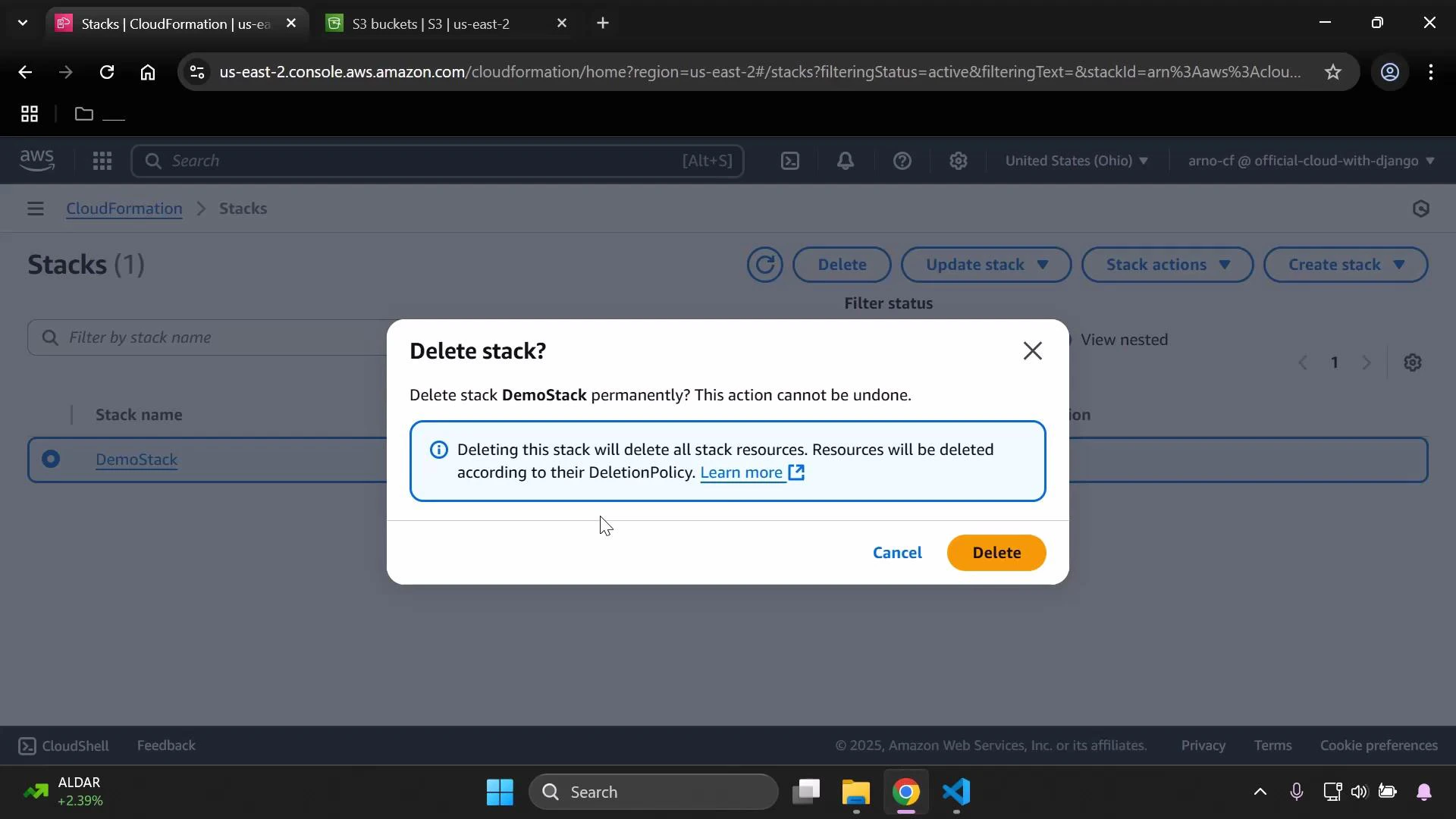 A screenshot of the AWS CloudFormation console showing a "Delete stack?" confirmation dialog for a stack named "DemoStack," warning that the deletion is permanent and will remove all stack resources. The modal shows options to cancel or proceed with deletion.