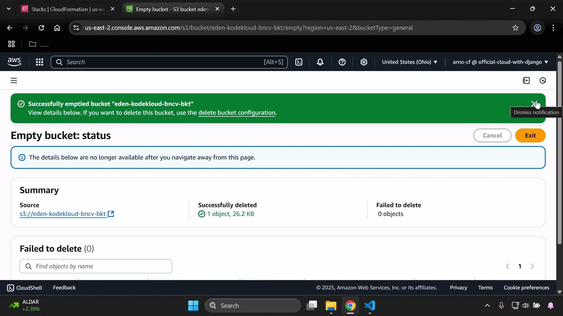 A screenshot of the AWS S3 console showing the "Empty bucket: status" page with a green notification saying the bucket "eden-kodekloud-bncv-bkt" was successfully emptied. The summary shows 1 object (26.2 KB) deleted and 0 failures.