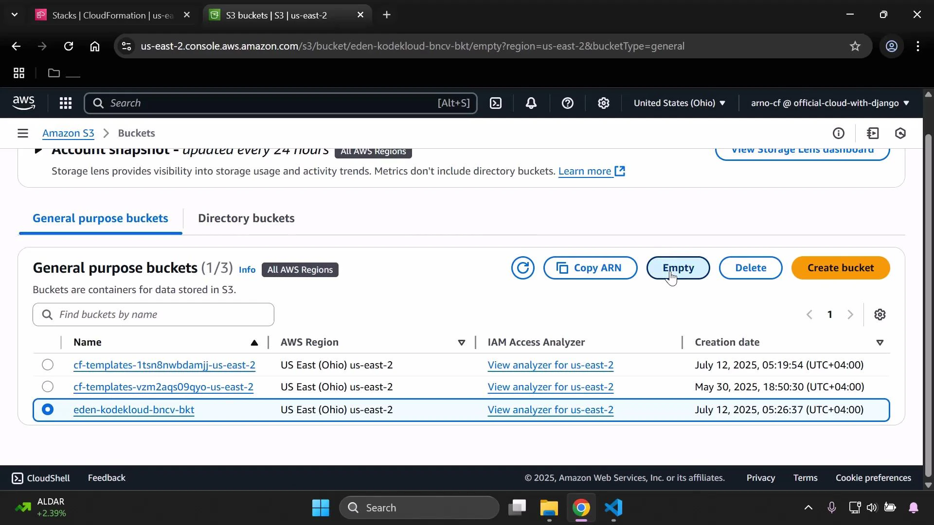 A screenshot of the AWS S3 console showing the "General purpose buckets" list with three buckets (one selected: eden-kodekloud-bncv-bkt) and action buttons like Copy ARN, Empty, Delete, and Create bucket. The table shows bucket names, region (US East Ohio), IAM Access Analyzer links, and creation dates.