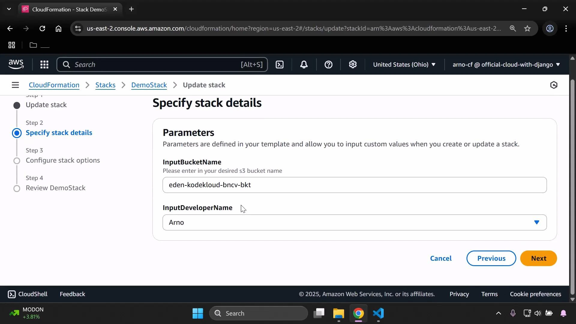 A screenshot of the AWS CloudFormation "Specify stack details" page for updating a stack, showing parameters including InputBucketName set to "eden-kodekloud-bncv-bkt" and InputDeveloperName set to "Arno." The left sidebar shows the multi-step progress with "Specify stack details" highlighted and navigation buttons (Previous, Next) appear at the bottom.