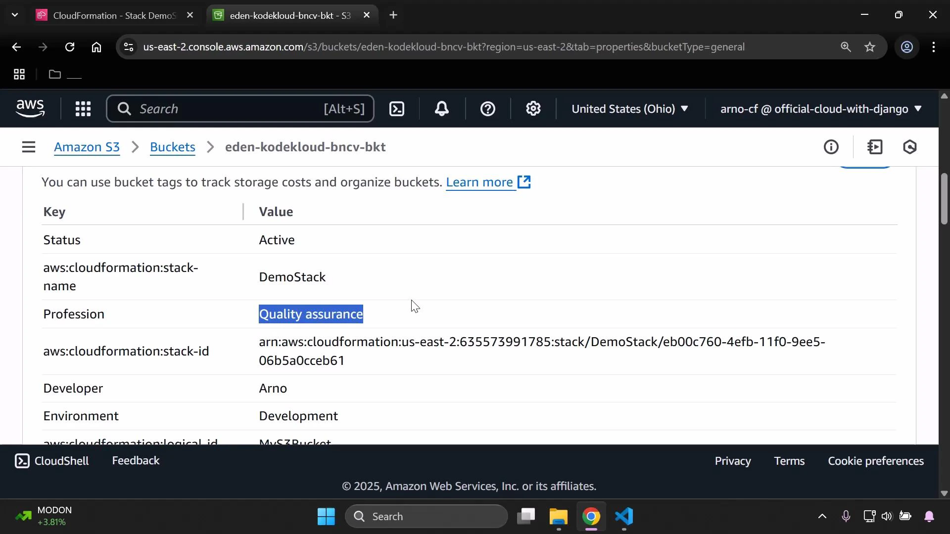A screenshot of the AWS S3 console showing the properties/tags for a bucket (keys like Status: Active, aws:cloudformation:stack-name: DemoStack, Developer: Arno, Environment: Development). The "Profession" tag ("Quality assurance") is highlighted.