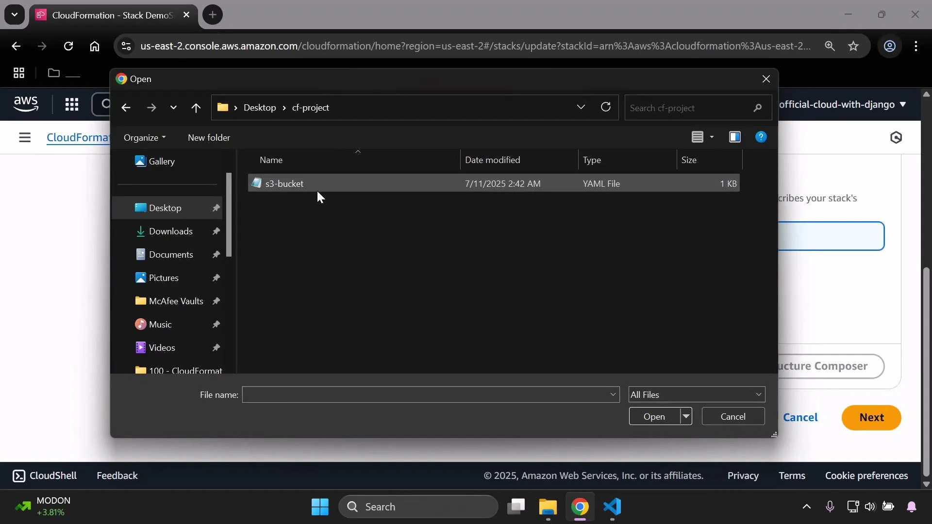 A screenshot of the AWS CloudFormation console with a Windows file-open dialog overlaid, showing a "cf-project" folder and a selected "s3-bucket" YAML file. The browser window in the background displays the CloudFormation stack creation UI.