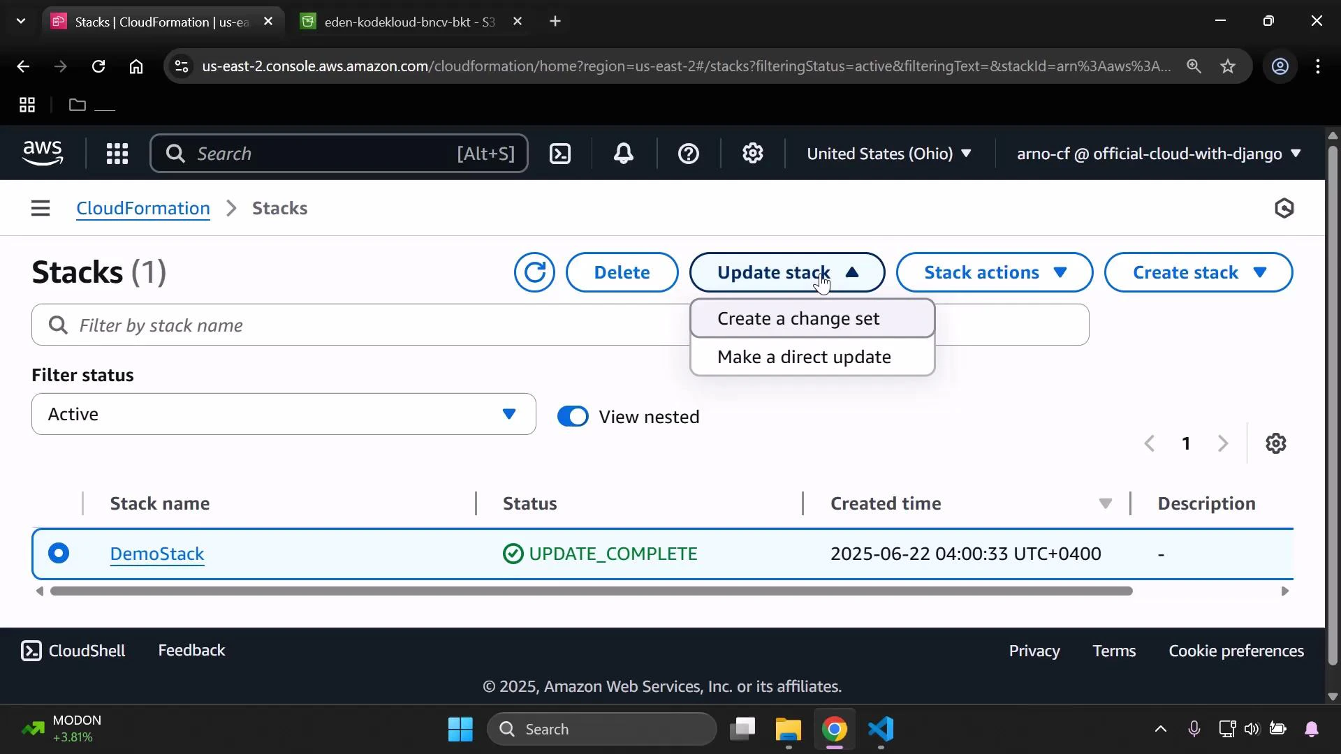 A screenshot of the AWS CloudFormation "Stacks" console showing one stack named "DemoStack" with status "UPDATE_COMPLETE" and a timestamp. The "Update stack" dropdown is open, showing options to "Create a change set" or "Make a direct update."