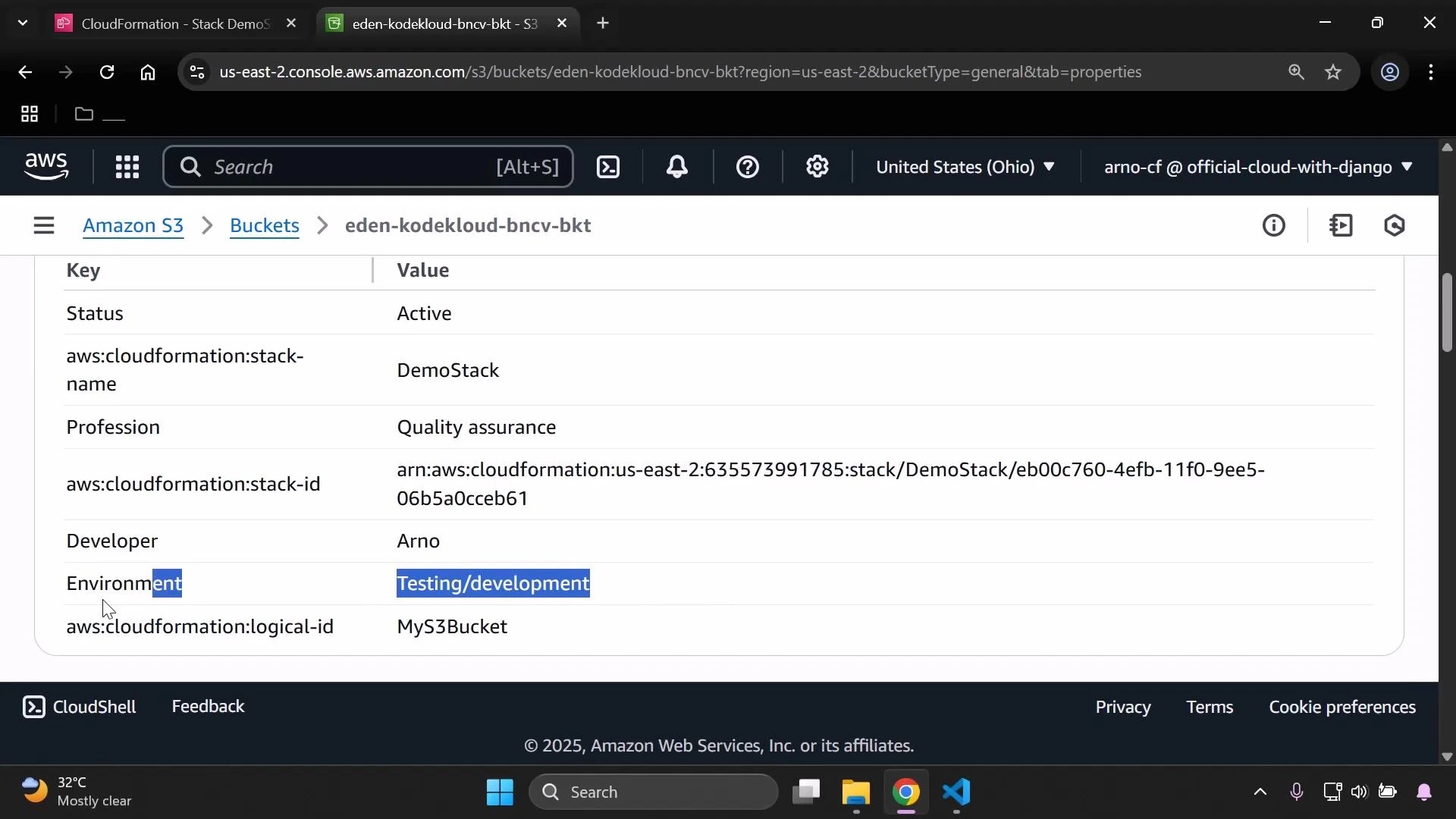 A screenshot of the AWS S3 console showing the properties for a bucket named "eden-kodekloud-bncv-bkt." It lists metadata such as Status: Active, aws:cloudformation:stack-name: DemoStack, Developer: Arno, and Environment: Testing/development.