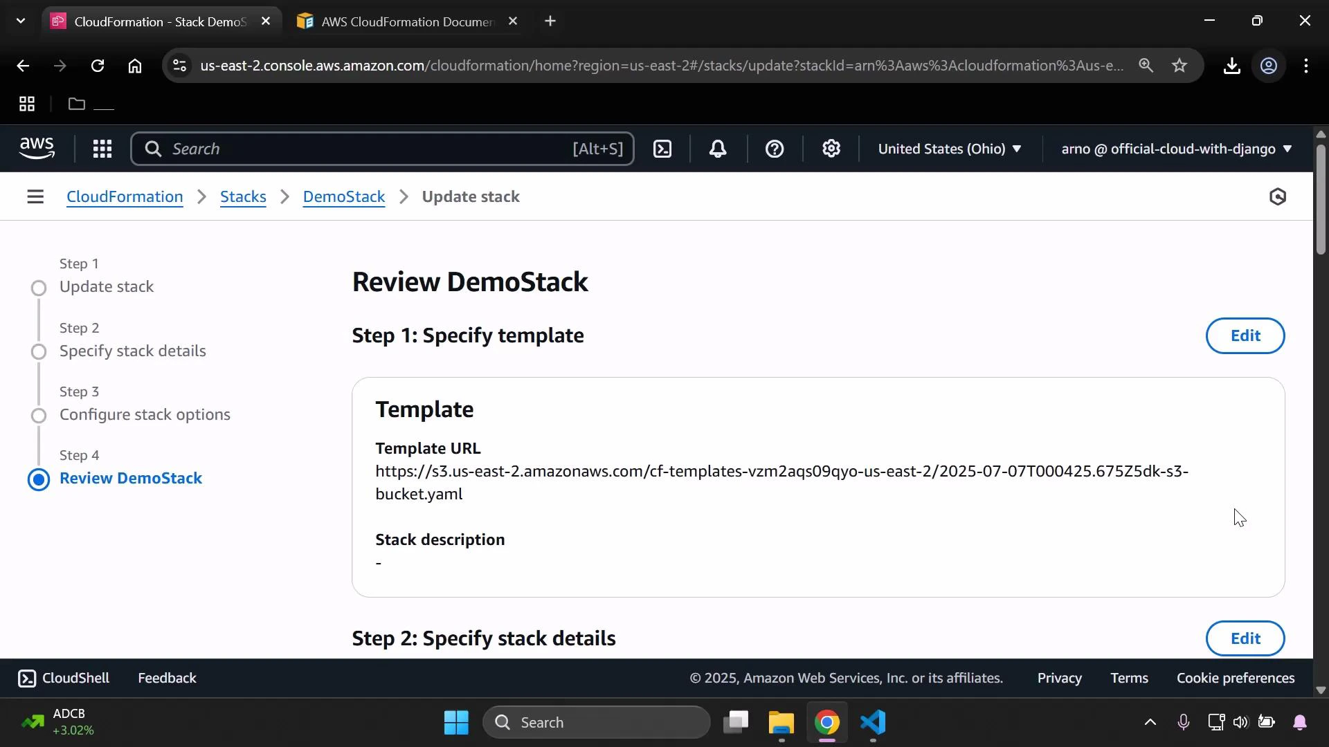 A screenshot of the AWS CloudFormation console showing the "Review DemoStack" page. It displays Step 1: Specify template with a Template URL (an S3 YAML file) and a left-side progress pane listing the update steps.