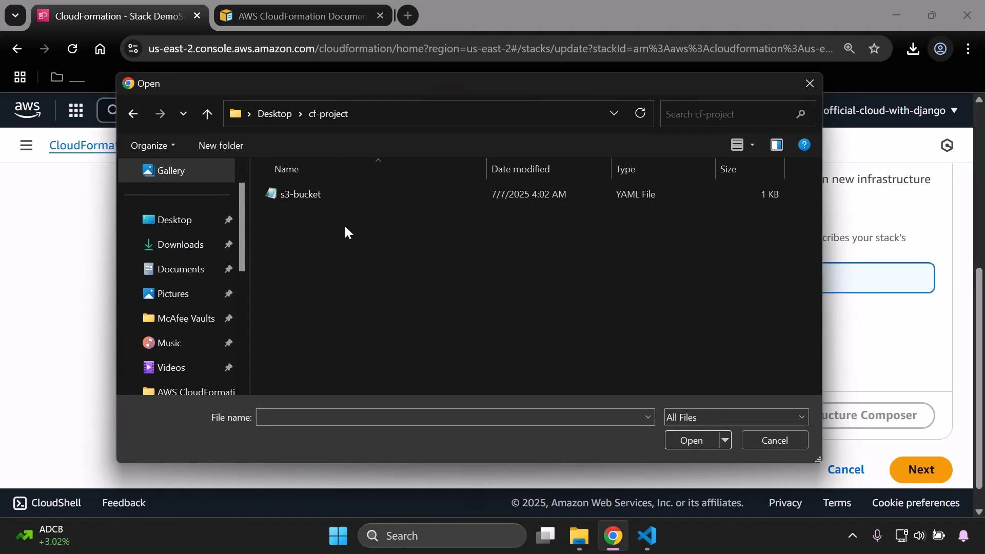 A screenshot of a Windows file-open dialog open to Desktop\cf-project showing a YAML file named "s3-bucket", overlaid on the AWS CloudFormation web console. The dialog shows navigation items (Desktop, Downloads, Documents, Pictures) and file details like date modified and type.