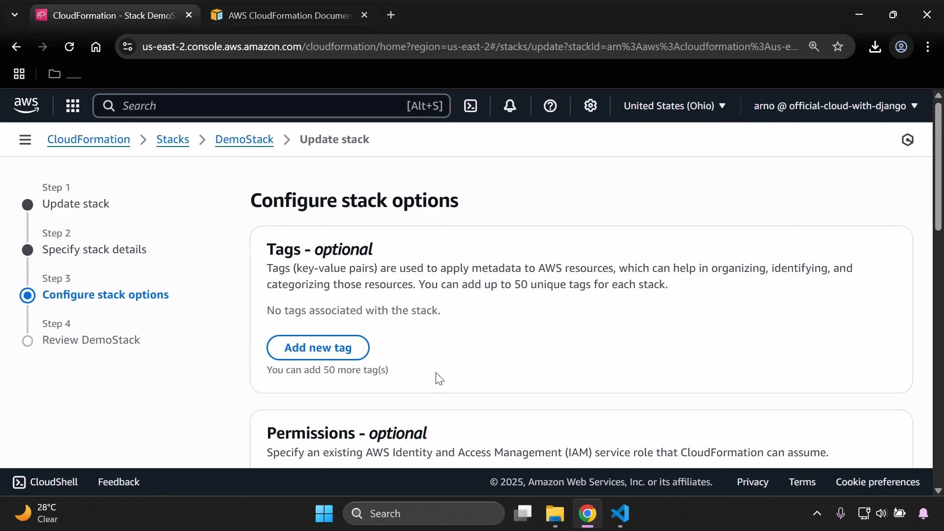 A browser screenshot of the AWS CloudFormation console on the "Configure stack options" step for a stack named DemoStack. The page shows the Tags (optional) section with an "Add new tag" button and the left-hand step progress navigation.