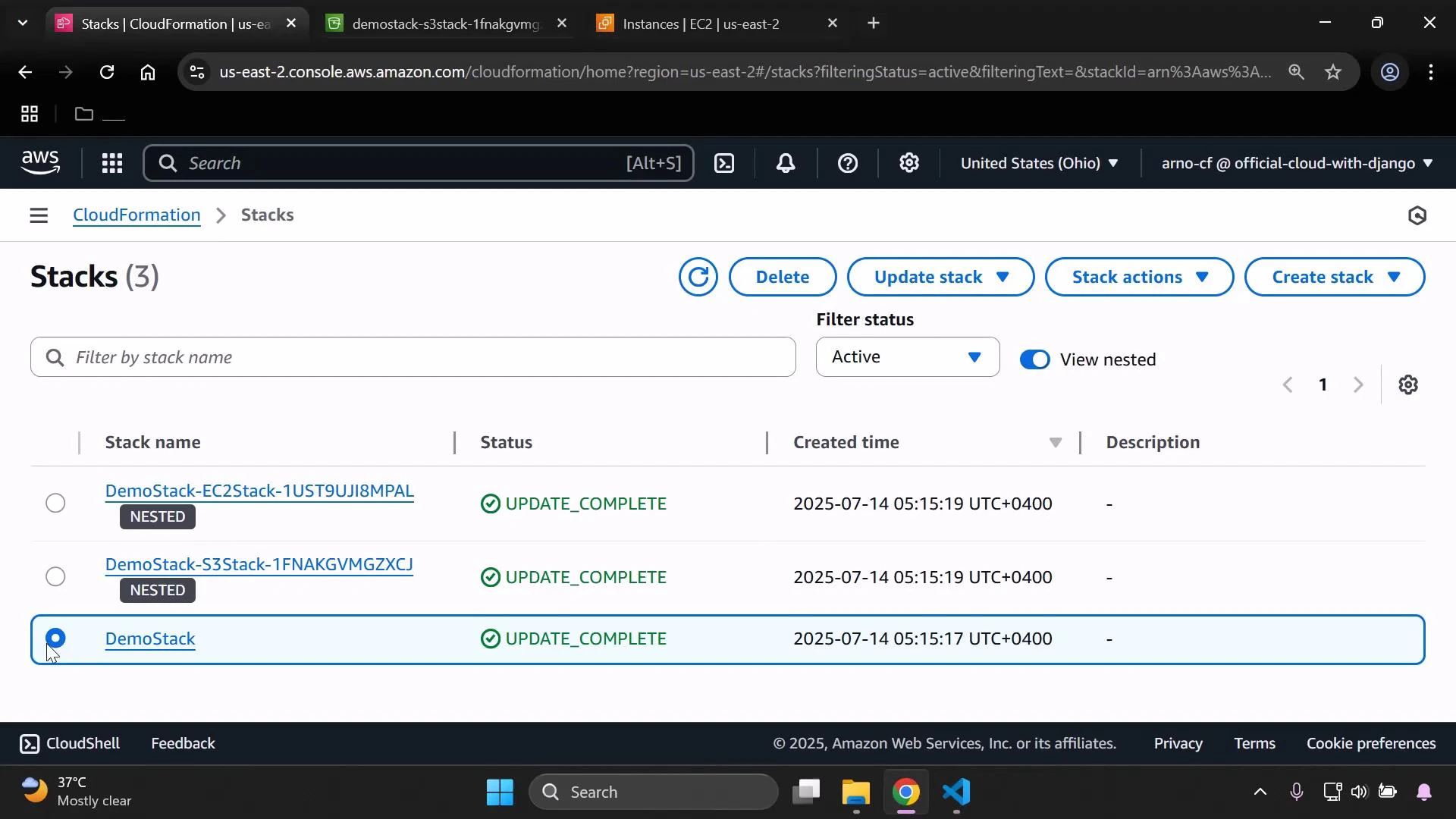 A screenshot of the AWS CloudFormation "Stacks" console showing three stacks (DemoStack and two nested stacks) listed with status "UPDATE_COMPLETE" and creation timestamps. The page header shows the US East (Ohio) region and control buttons like Delete, Update stack, and Create stack.