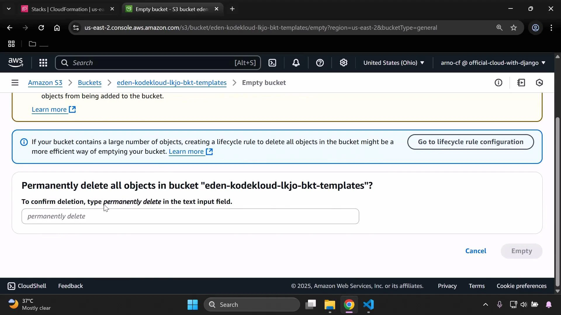 A screenshot of the AWS S3 console showing a confirmation dialog to permanently delete all objects in the bucket "eden-kodekloud-lkjo-bkt-templates," with an input field requiring you to type "permanently delete" and buttons to Cancel or Empty. A blue banner above suggests using a lifecycle rule to more efficiently empty large buckets.