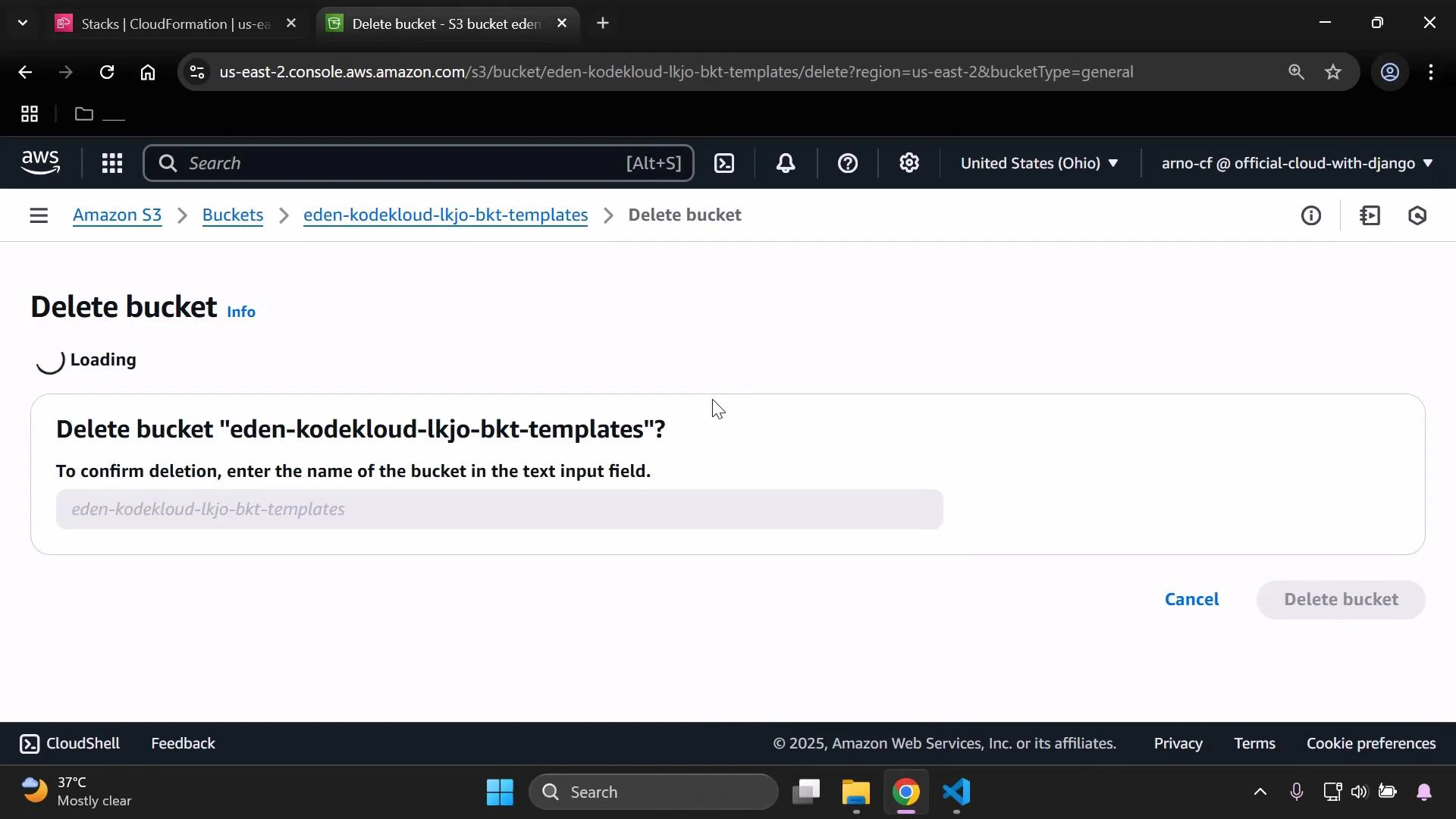 Screenshot of the AWS S3 console showing a "Delete bucket" confirmation for the bucket "eden-kodekloud-lkjo-bkt-templates," asking the user to type the bucket name to confirm deletion. The dialog shows an input field and a disabled "Delete bucket" button with a "Cancel" link.
