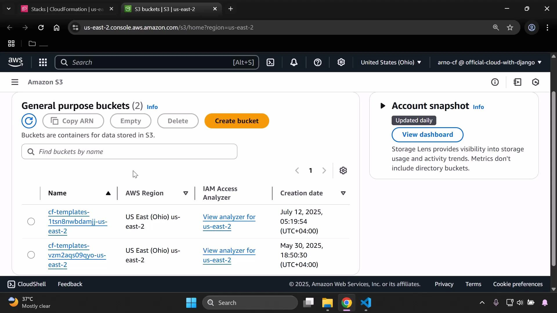 Screenshot of the Amazon S3 web console showing the "General purpose buckets" view with controls like Create bucket, Copy ARN, Empty, and Delete. The list shows two cf-templates-* buckets in the US East (Ohio) us-east-2 region with creation dates and IAM Access Analyzer links, and an Account snapshot panel on the right.