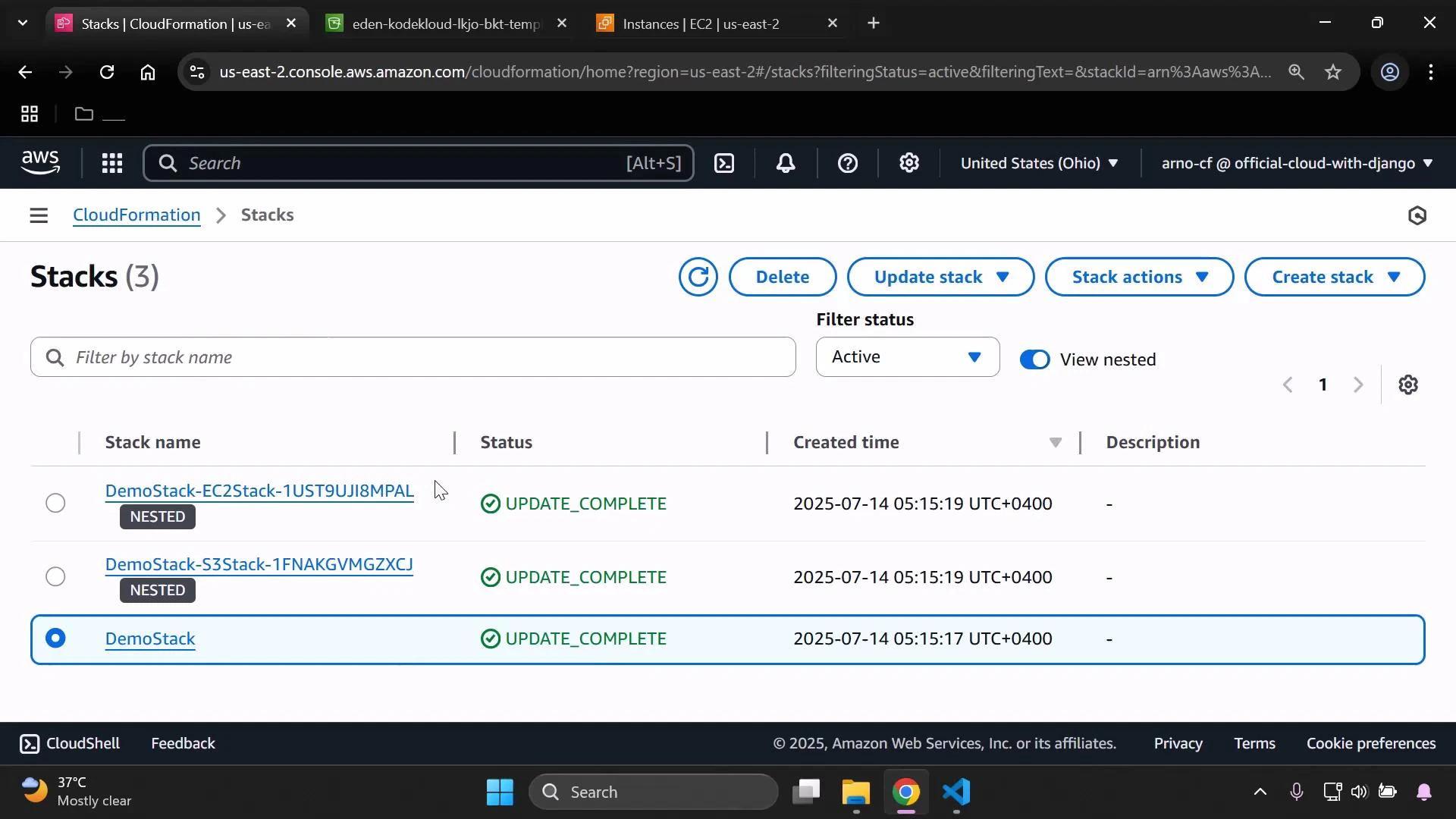 A screenshot of the AWS CloudFormation "Stacks" page showing three stacks (DemoStack and two nested stacks) all marked "UPDATE_COMPLETE" with creation timestamps of 2025-07-14. The top toolbar shows action buttons like Delete, Update stack, Stack actions, and Create stack.