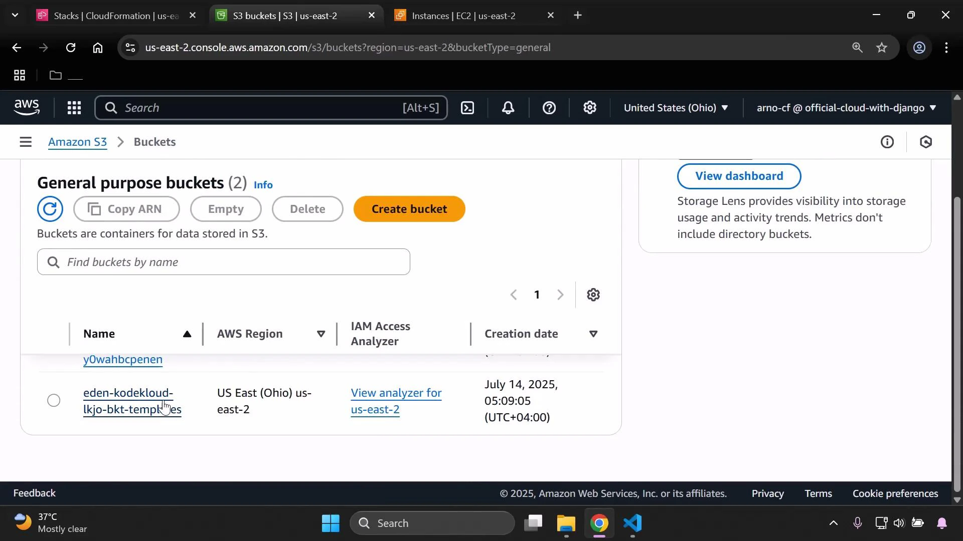 A screenshot of the AWS S3 console showing the "General purpose buckets" page with two buckets listed and a prominent "Create bucket" button. The buckets shown include names like "y0wahbcpenen" and "eden-kodekloud-lkjo-bkt-templates" in the US East (Ohio) us-east-2 region.
