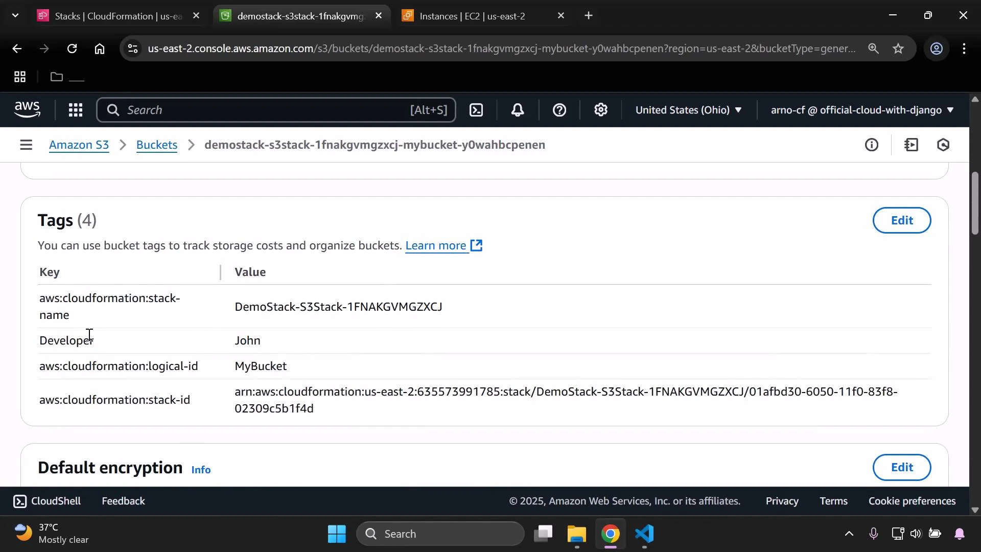 A screenshot of the AWS S3 console showing the "Tags" section for a bucket, listing four tags including aws:cloudformation:stack-name, aws:cloudformation:logical-id, aws:cloudformation:stack-id and a "Developer" tag with value "John." The page also shows the bucket navigation and an Edit button for tags.