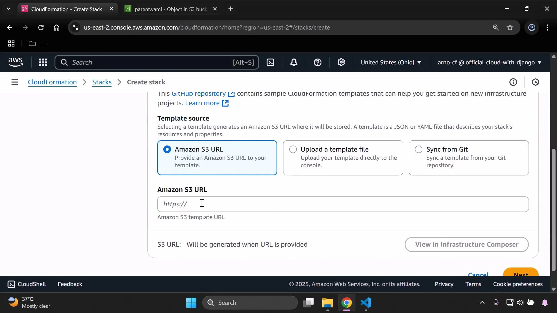 A screenshot of the AWS CloudFormation "Create stack" console showing the Template source options with "Amazon S3 URL" selected and an input field for the S3 template URL. The browser window (including tabs) and a Windows taskbar are visible at the bottom.