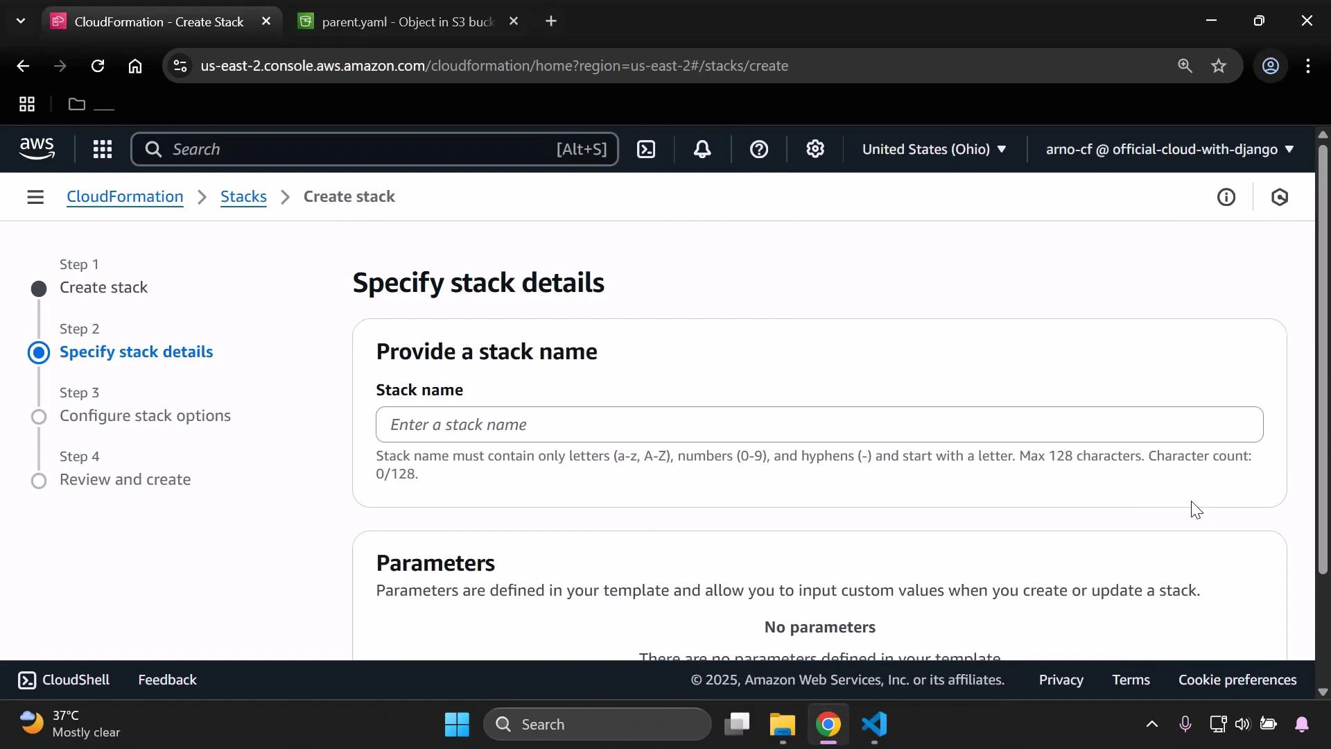 A screenshot of the AWS CloudFormation console on the "Specify stack details" step, showing a form to enter a stack name and parameters. The left panel shows the step progress and the browser window with tabs and the address bar is visible at the top.