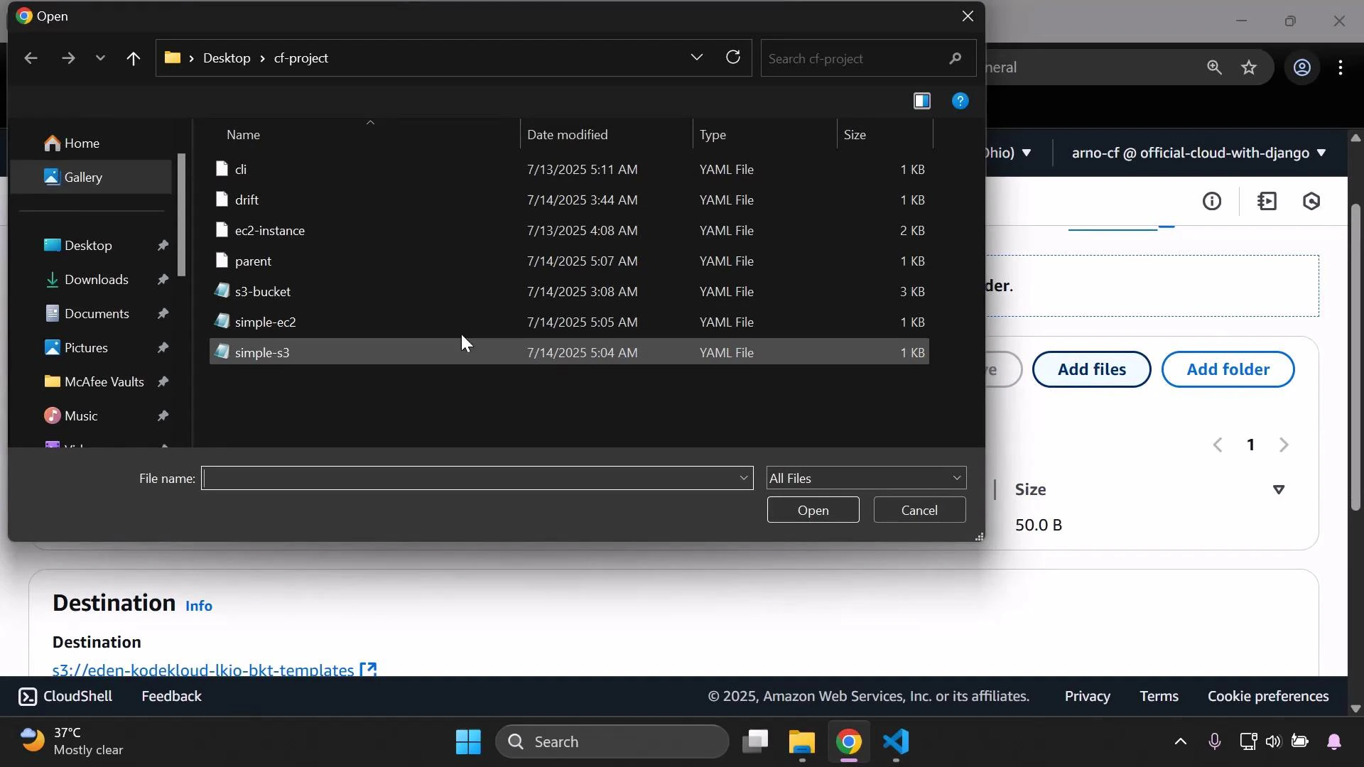 A dark-themed file-open dialog is shown listing YAML files (cli, drift, ec2-instance, s3-bucket, simple-ec2, simple-s3) with "simple-s3" highlighted. The dialog overlays an AWS web console page (showing "Destination" and "Add files/Add folder" controls) and the Windows taskbar.