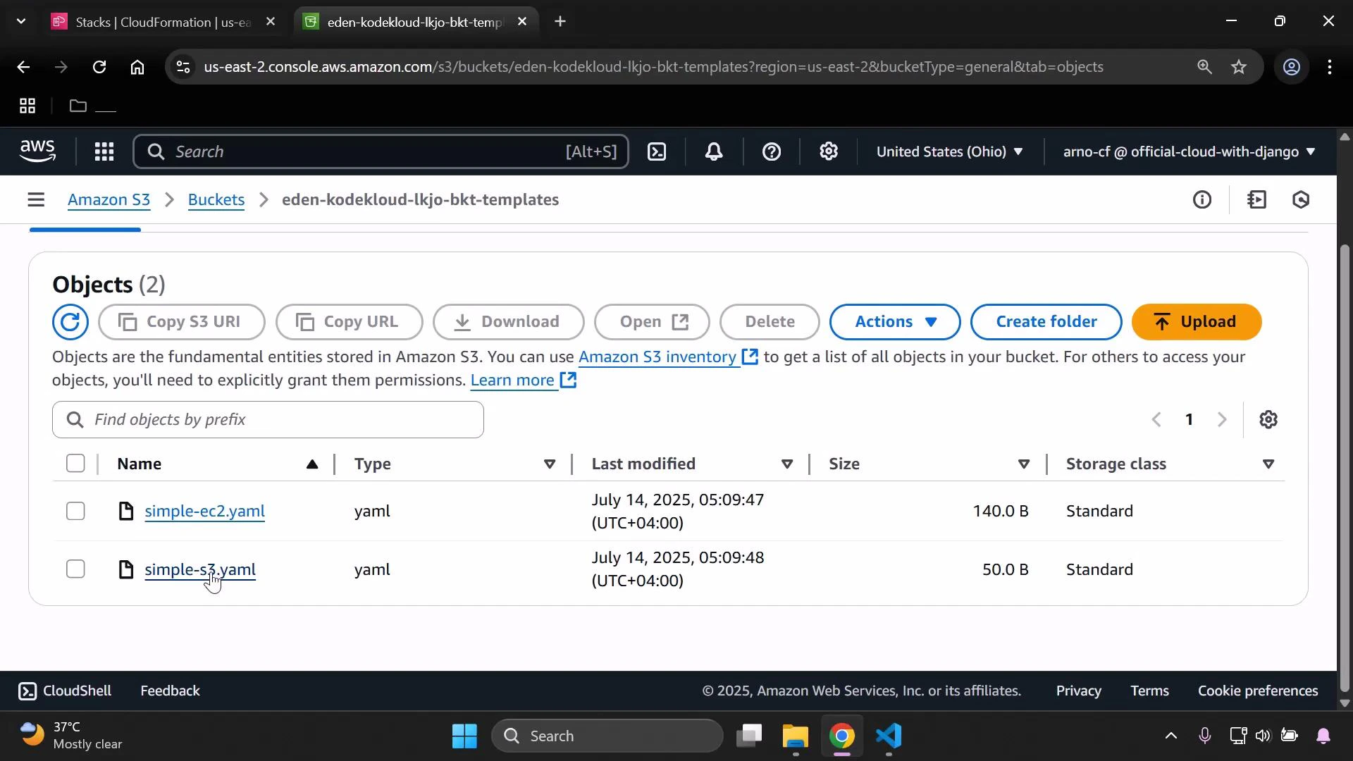 A screenshot of the AWS S3 console showing the bucket "eden-kodekloud-lkjo-bkt-templates" with two YAML objects listed: simple-ec2.yaml and simple-s3.yaml. The toolbar shows actions like Copy S3 URI, Download, Create folder, and Upload.