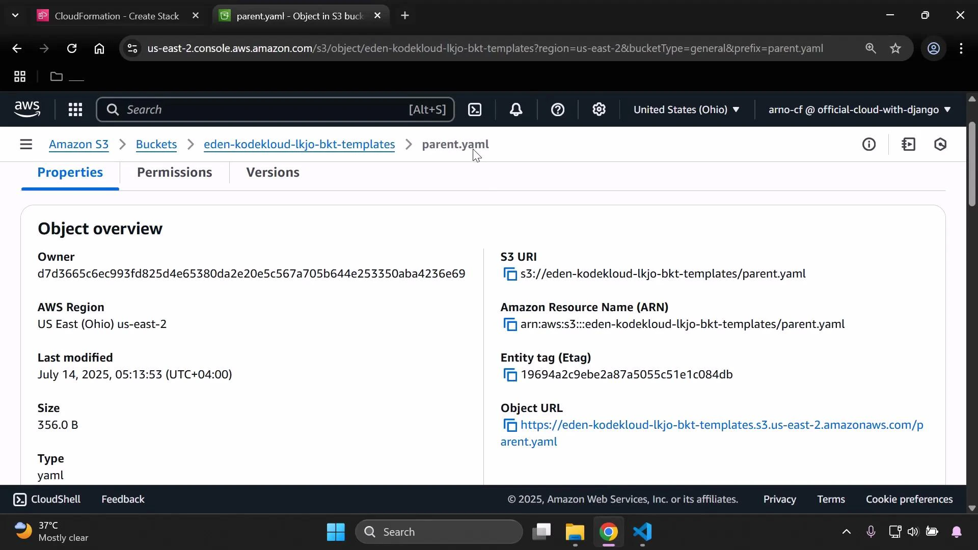 A screenshot of the Amazon S3 console showing the Object overview for "parent.yaml" in the eden-kodekloud-lkjo-bkt-templates bucket. It displays details like owner ID, AWS region (US East Ohio), last modified timestamp, size (356 B), type (yaml), S3 URI/ARN, ETag and the object URL.