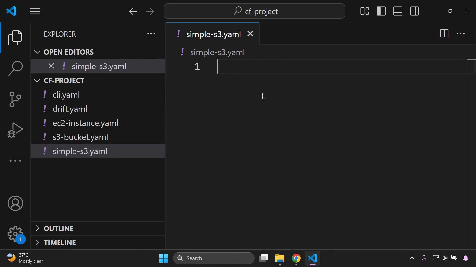 A dark-themed Visual Studio Code window showing a CF-PROJECT folder with several YAML files (cli.yaml, drift.yaml, ec2-instance.yaml, s3-bucket.yaml, simple-s3.yaml) in the explorer and an open, empty simple-s3.yaml editor tab.