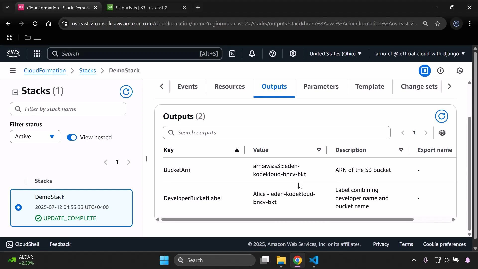 A screenshot of the AWS CloudFormation console showing the "DemoStack" details with the Outputs tab selected. The Outputs table lists two values: the S3 Bucket ARN (arn:aws:s3:::eden-kodekloud-bncv-bkt) and a developer bucket label ("Alice - eden-kodekloud-bncv-bkt").