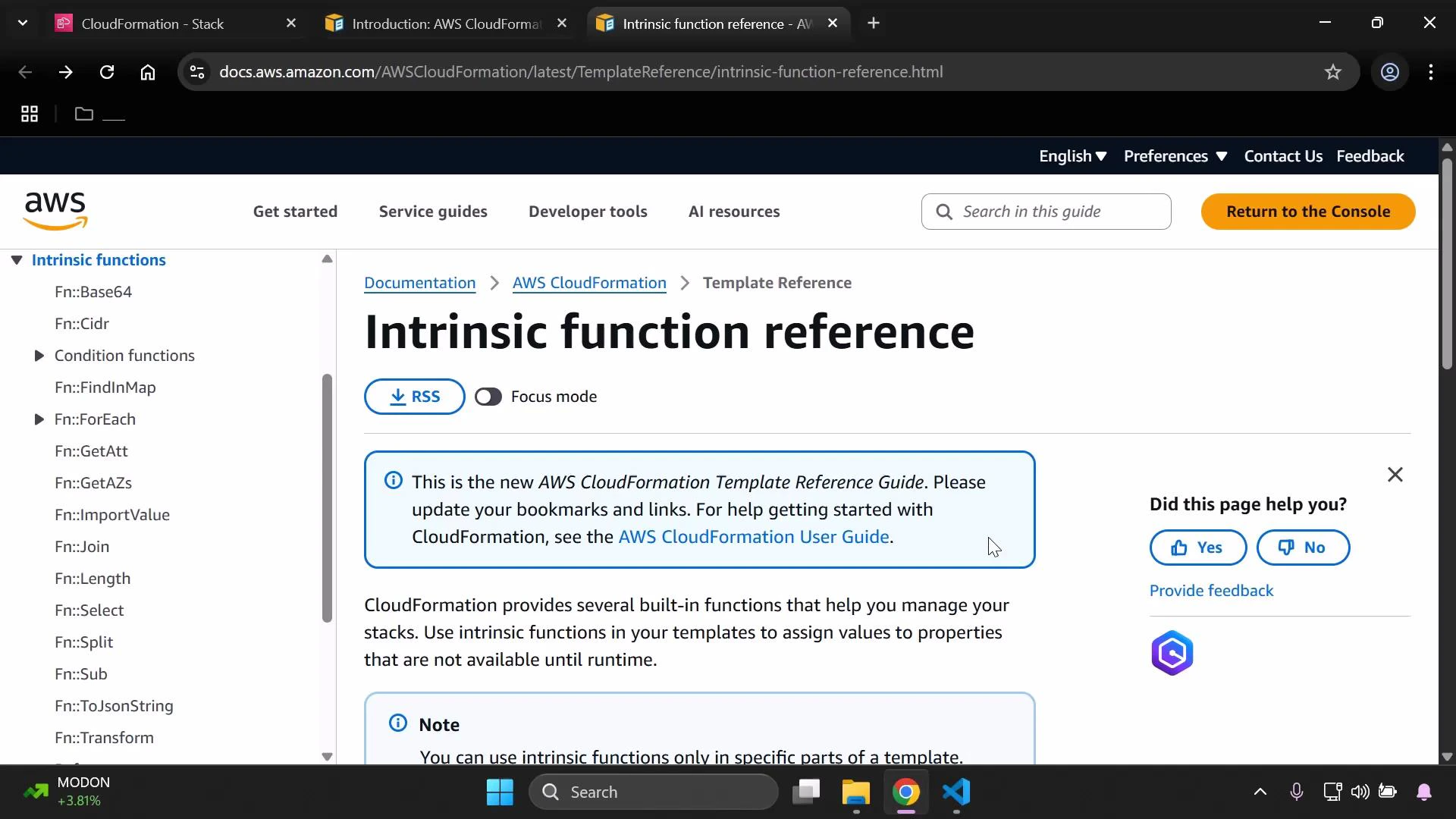 A browser screenshot of the AWS documentation page titled "Intrinsic function reference" for AWS CloudFormation, showing the page content and a left-hand navigation list of intrinsic functions. The page includes a notice about the new template reference guide, a feedback widget, and the browser/Windows taskbar.