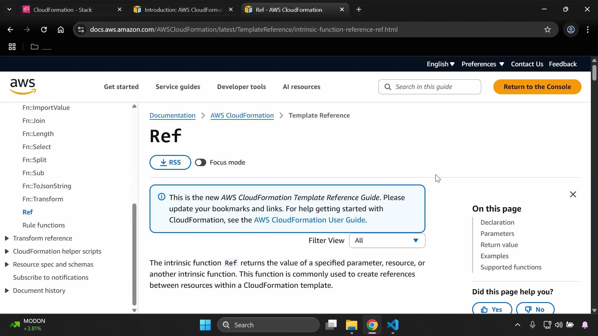 A browser screenshot of the AWS CloudFormation documentation page for the "Ref" intrinsic function, showing the page title, explanatory text, and a blue info box. The left sidebar lists other CloudFormation functions and the top bar includes navigation and a "Return to the Console" button.