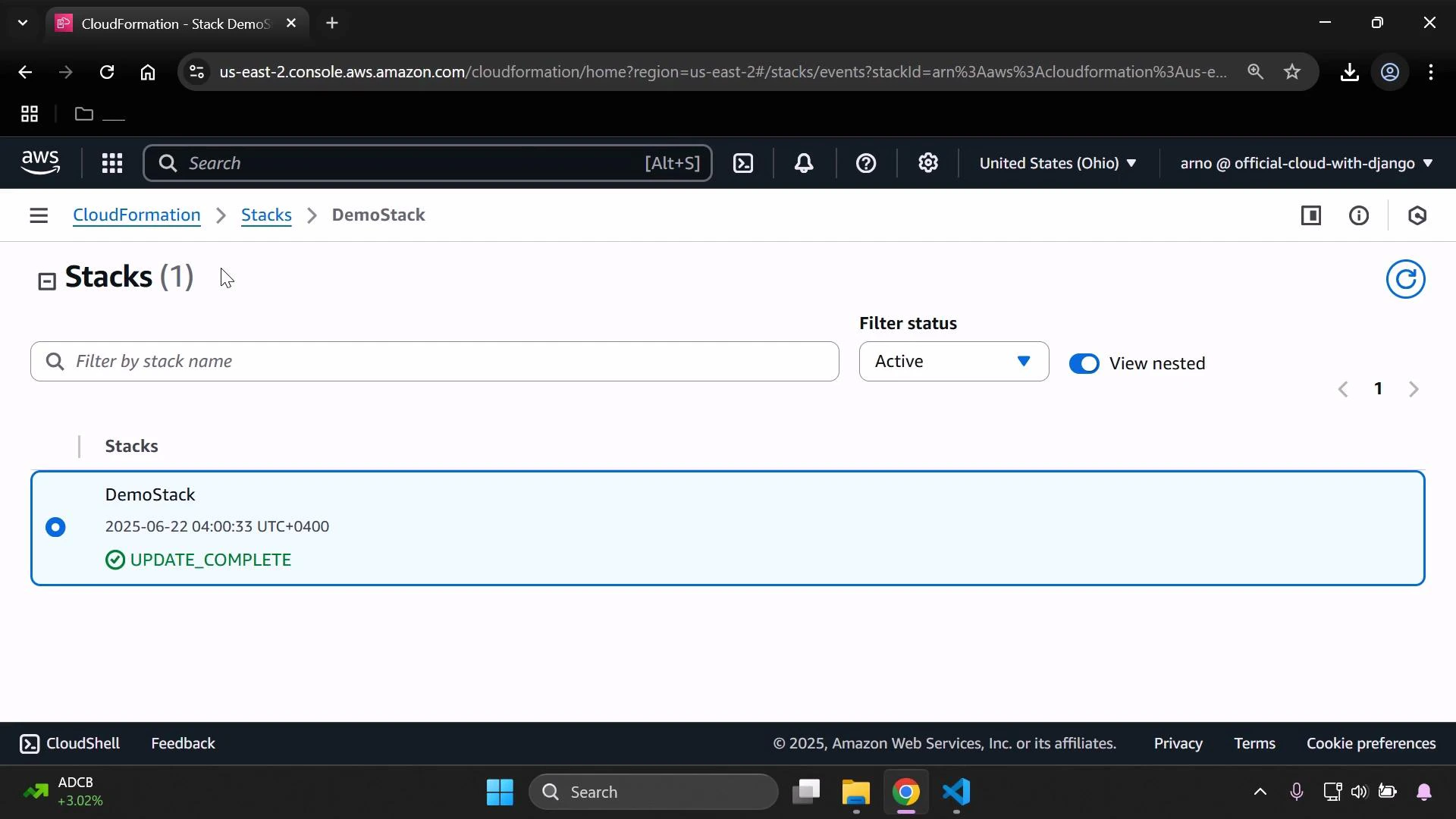 A screenshot of the AWS CloudFormation Stacks console showing one stack named "DemoStack." The stack entry shows a timestamp and a green "UPDATE_COMPLETE" status.