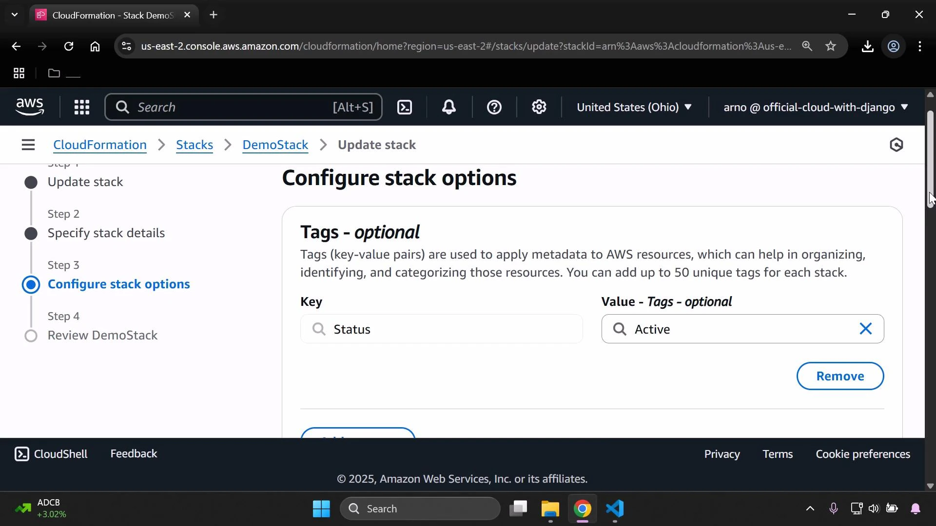 A screenshot of the AWS CloudFormation console on the "Configure stack options" step, showing the Tags section with a tag key "Status" and value "Active." The left sidebar shows the update stack workflow steps and the top bar displays the AWS navigation/header.