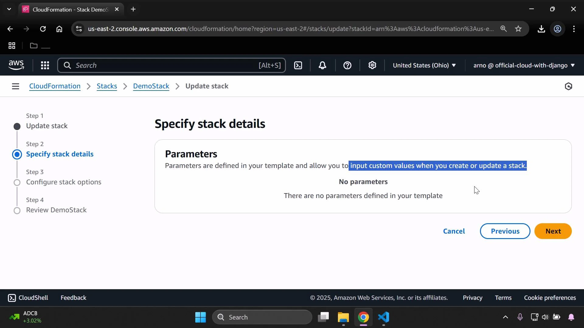 A screenshot of the AWS CloudFormation console on the "Specify stack details" step for updating a stack named DemoStack, showing the Parameters panel which says "No parameters." Navigation buttons "Cancel," "Previous," and "Next" are visible at the bottom.