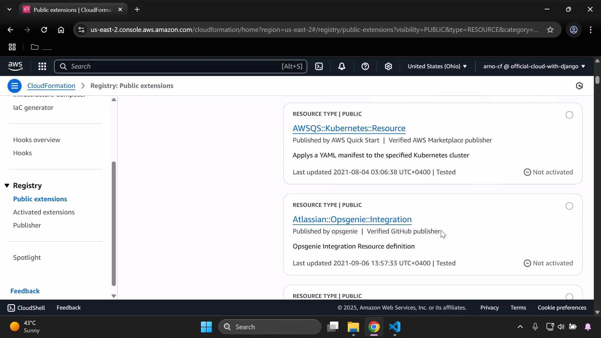 A screenshot of the AWS CloudFormation console on the "Registry: Public extensions" page showing listed public resource types such as AWSSQS::Kubernetes::Resource and Atlassian::Opsgenie::Integration. The left navigation menu and a Windows taskbar with apps and system tray are visible.