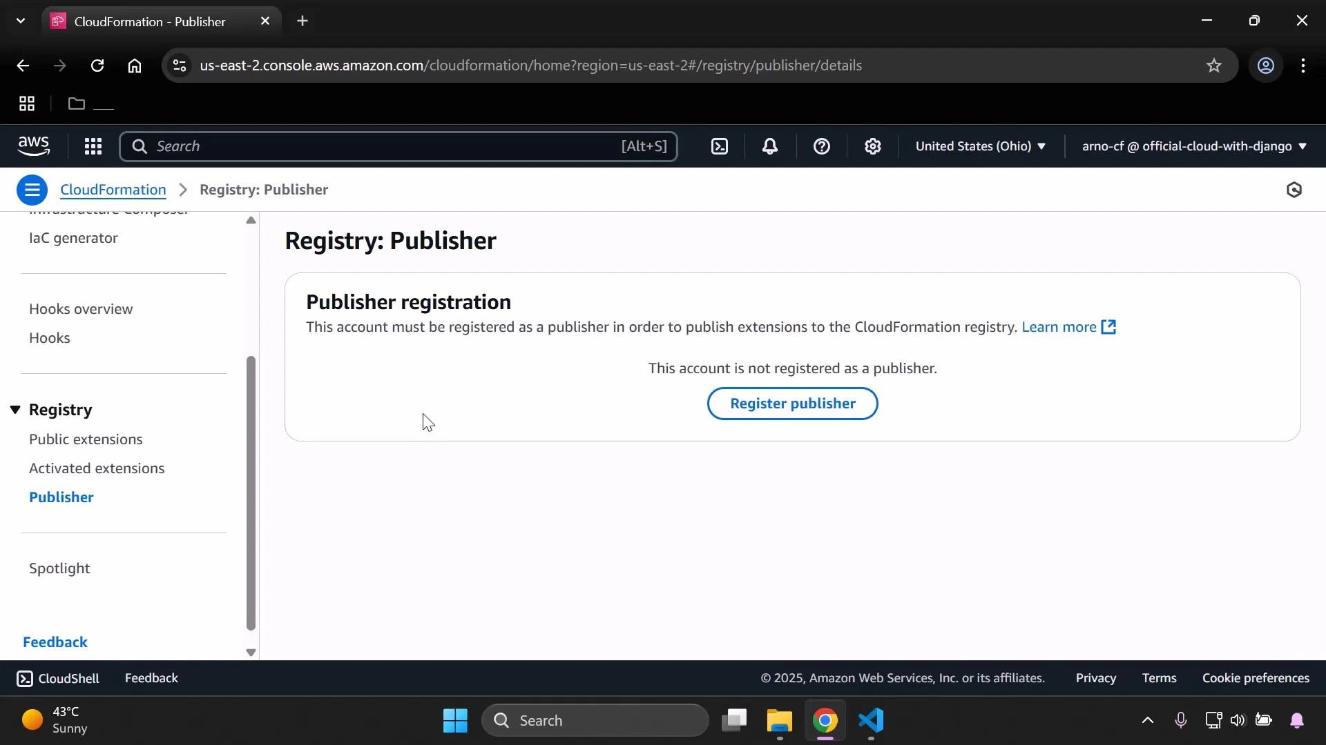A screenshot of the AWS CloudFormation console on the "Registry: Publisher" page showing a Publisher registration prompt that says the account is not registered, with a "Register publisher" button. The left sidebar menu and top browser tabs are also visible.