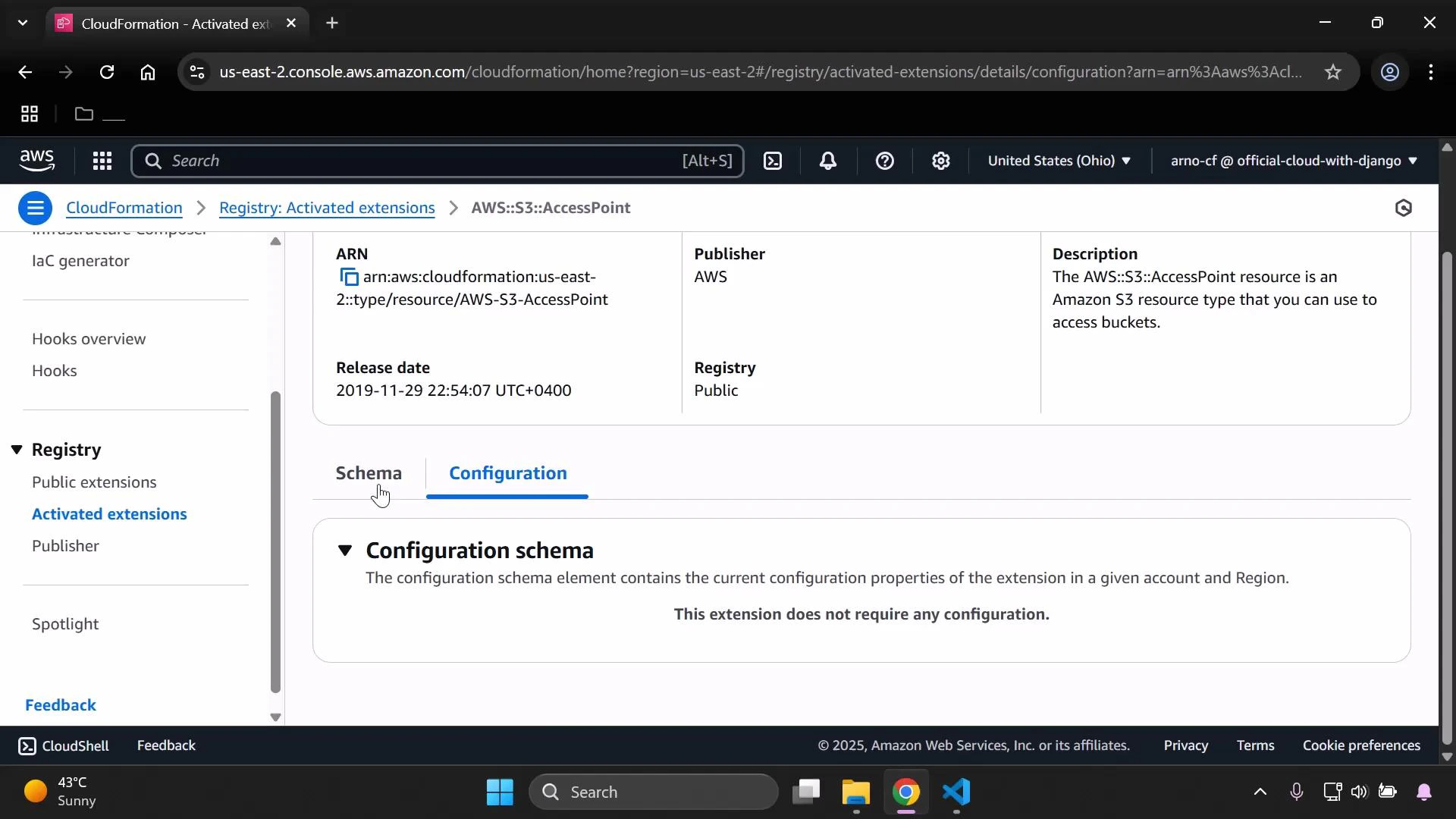 A screenshot of the AWS CloudFormation console showing the Registry → Activated extensions page for the AWS::S3::AccessPoint resource. The Configuration tab is selected and shows a "Configuration schema" panel stating that this extension does not require any configuration.