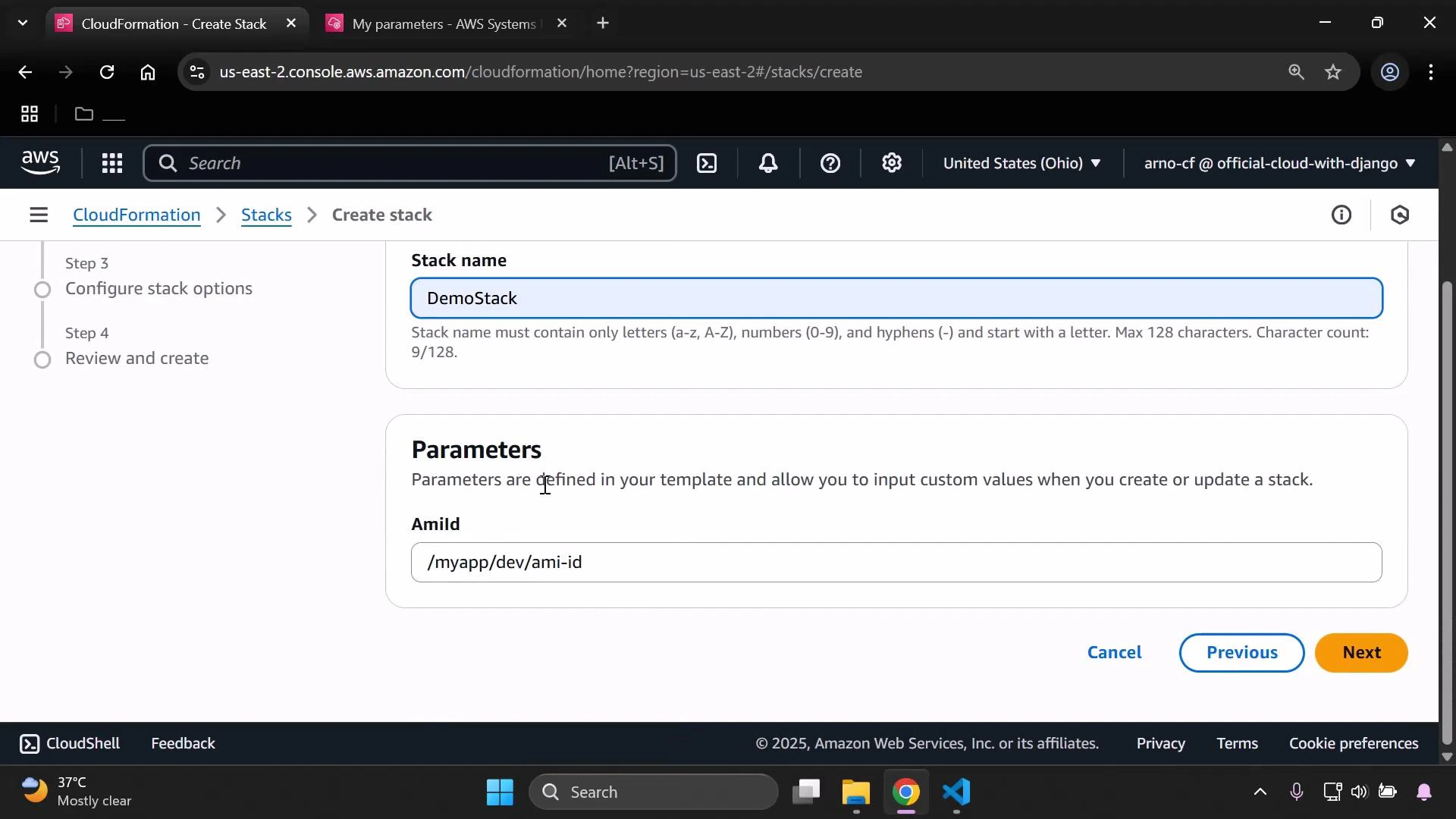 A screenshot of the AWS CloudFormation "Create stack" page showing the Stack name set to "DemoStack" and a Parameters section with an AmiId value of "/myapp/dev/ami-id". Navigation buttons "Previous" and "Next" are visible at the bottom.