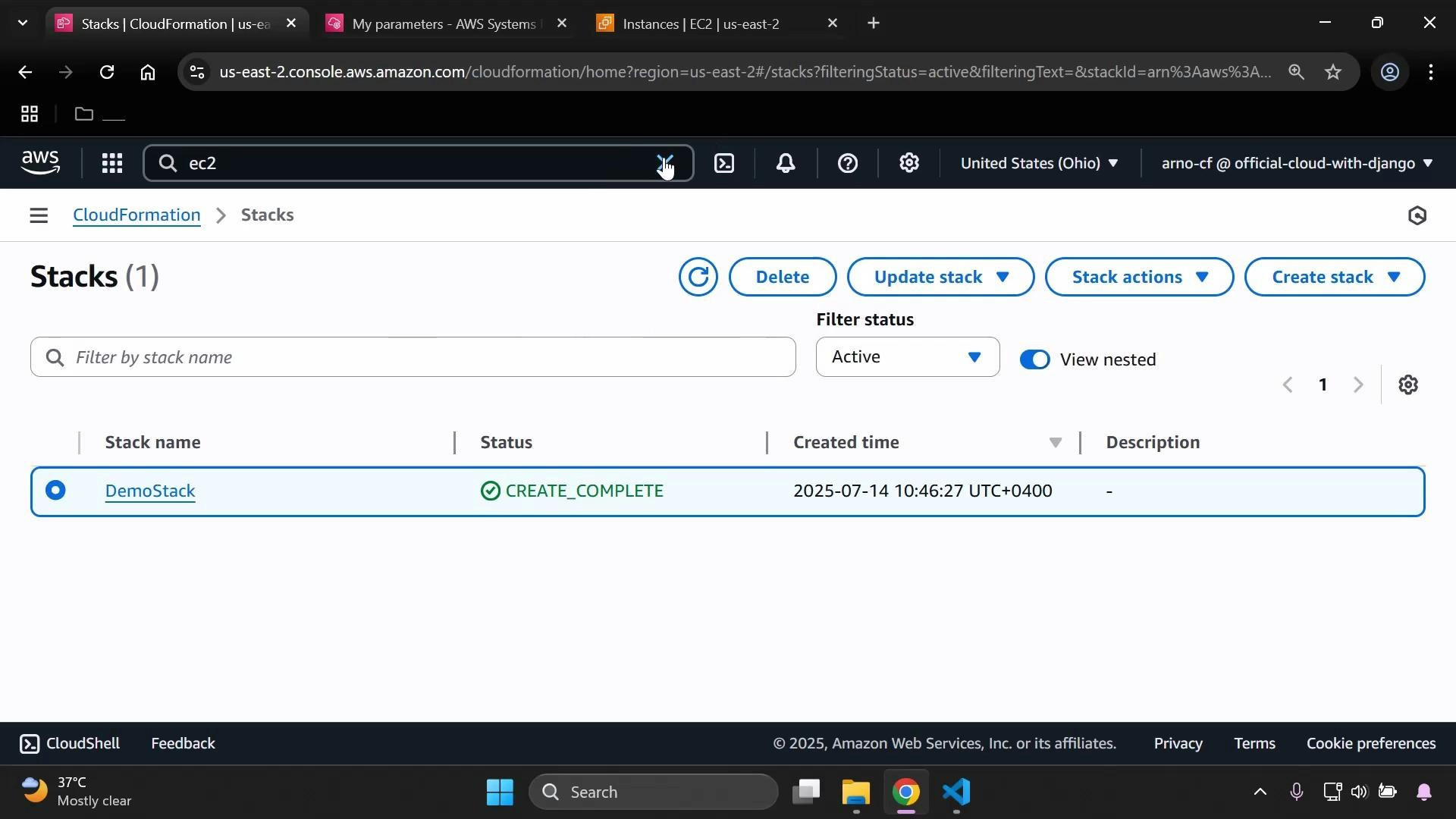 A screenshot of the AWS CloudFormation console showing one stack named "DemoStack" with status "CREATE_COMPLETE" and a created time of 2025-07-14 10:46:27 UTC+0400. The interface also displays control buttons (Delete, Update stack, Stack actions, Create stack) and filter/search options.