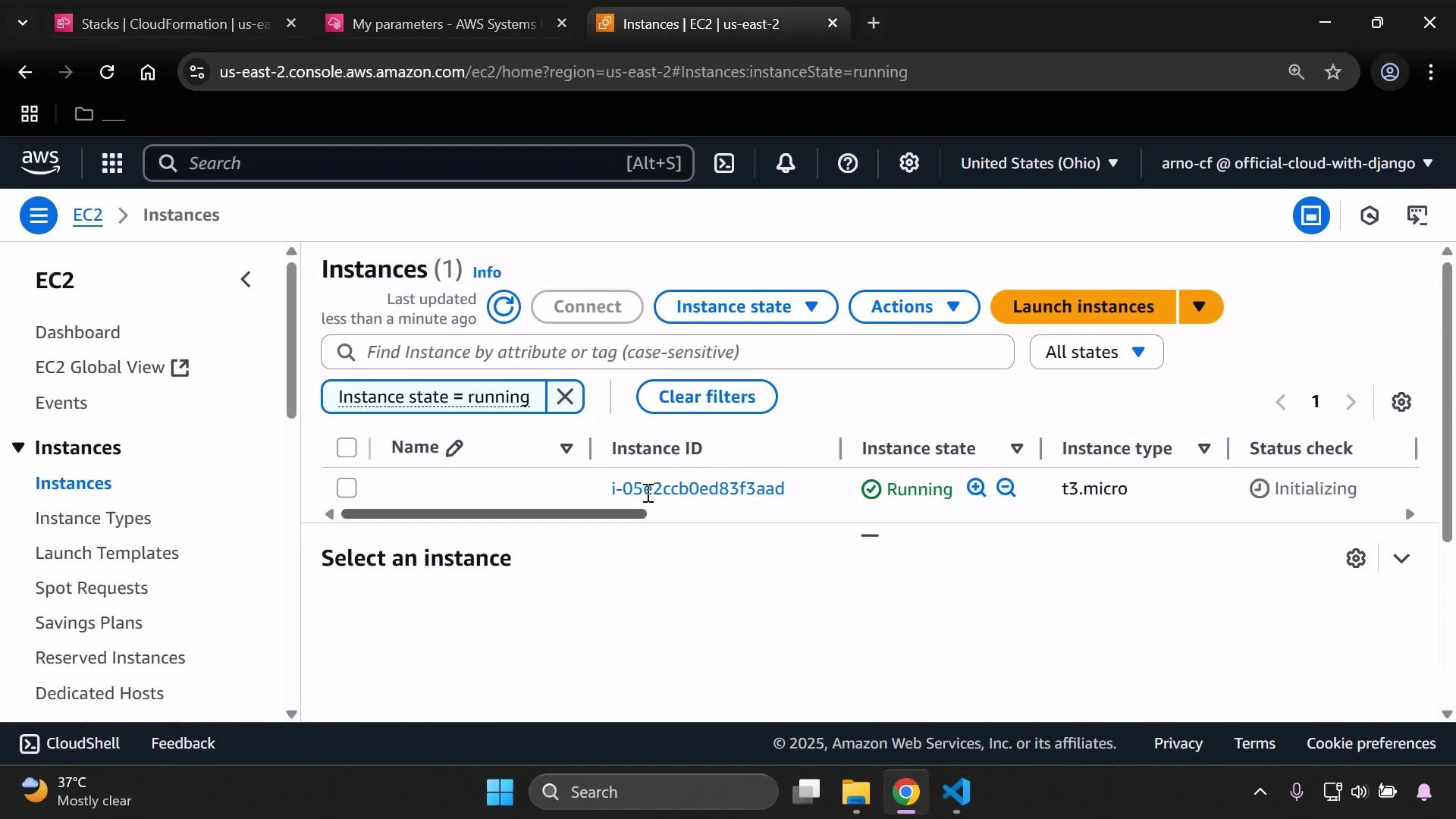 A screenshot of the AWS EC2 Instances dashboard showing one instance filtered to "Instance state = running" — instance i-05e2ccb0ed83f3aad of type t3.micro with its status check showing "Initializing." The top bar also shows the region (United States (Ohio)) and the "Launch instances" button.