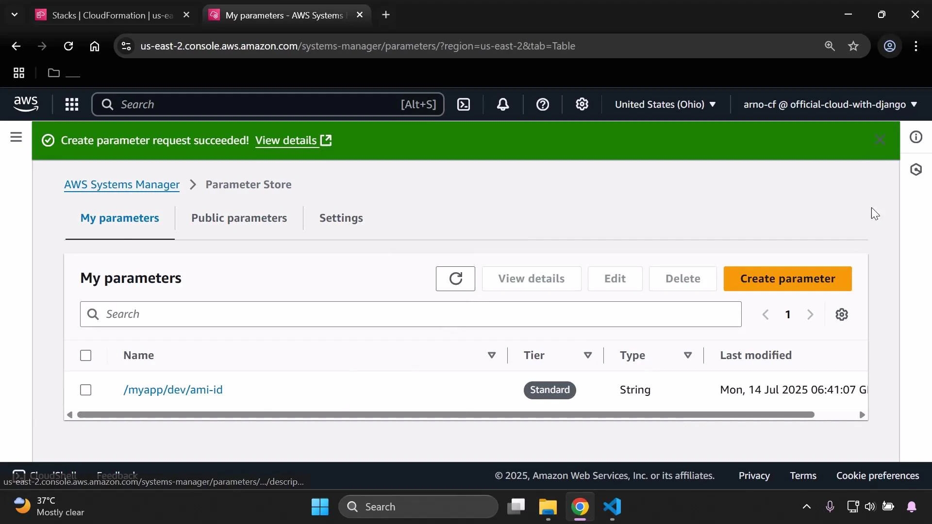 Screenshot of the AWS Systems Manager Parameter Store console with a green "Create parameter request succeeded!" banner and one parameter (/myapp/dev/ami-id) listed under "My parameters." The toolbar shows buttons like View details, Edit, Delete, and Create parameter.