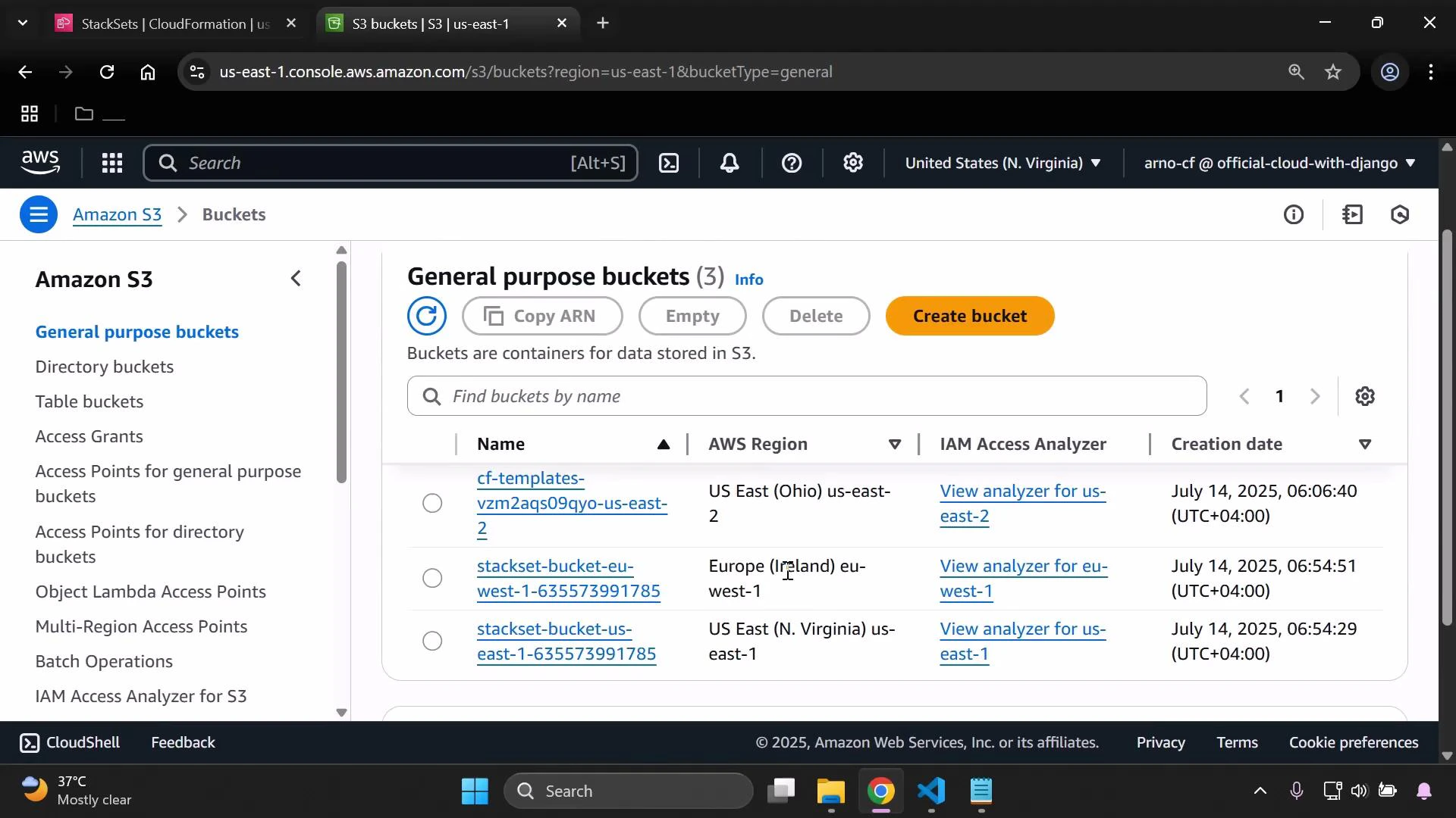 A screenshot of the Amazon S3 web console displaying the "General purpose buckets" list with three buckets, their AWS regions, IAM access analyzer links, and creation dates, plus the orange "Create bucket" button. The left sidebar shows S3 navigation options and the bottom shows a Windows taskbar.