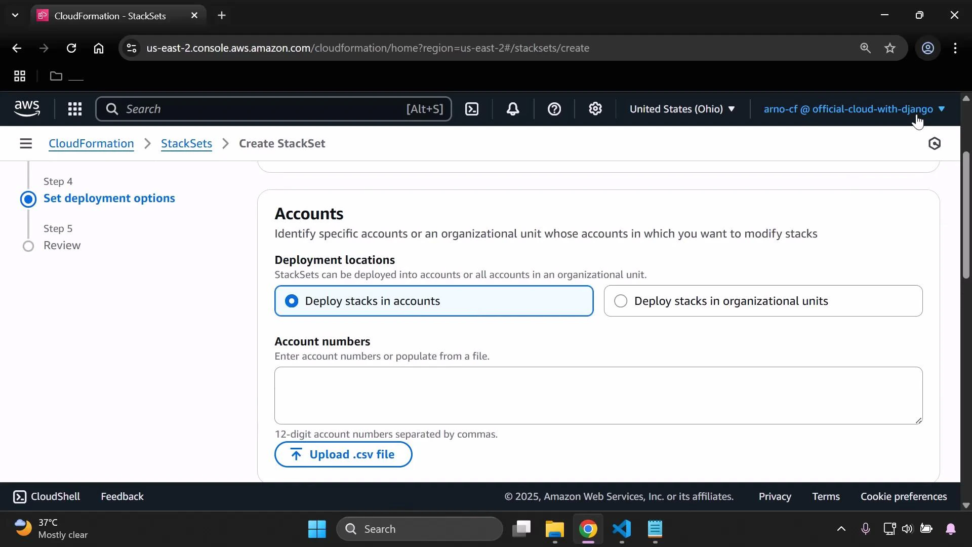 A screenshot of the AWS CloudFormation console on the Create StackSet page, showing the "Accounts" step with deployment options. It highlights the choice to deploy stacks in accounts, an input box for 12-digit account numbers, and an "Upload .csv file" button.