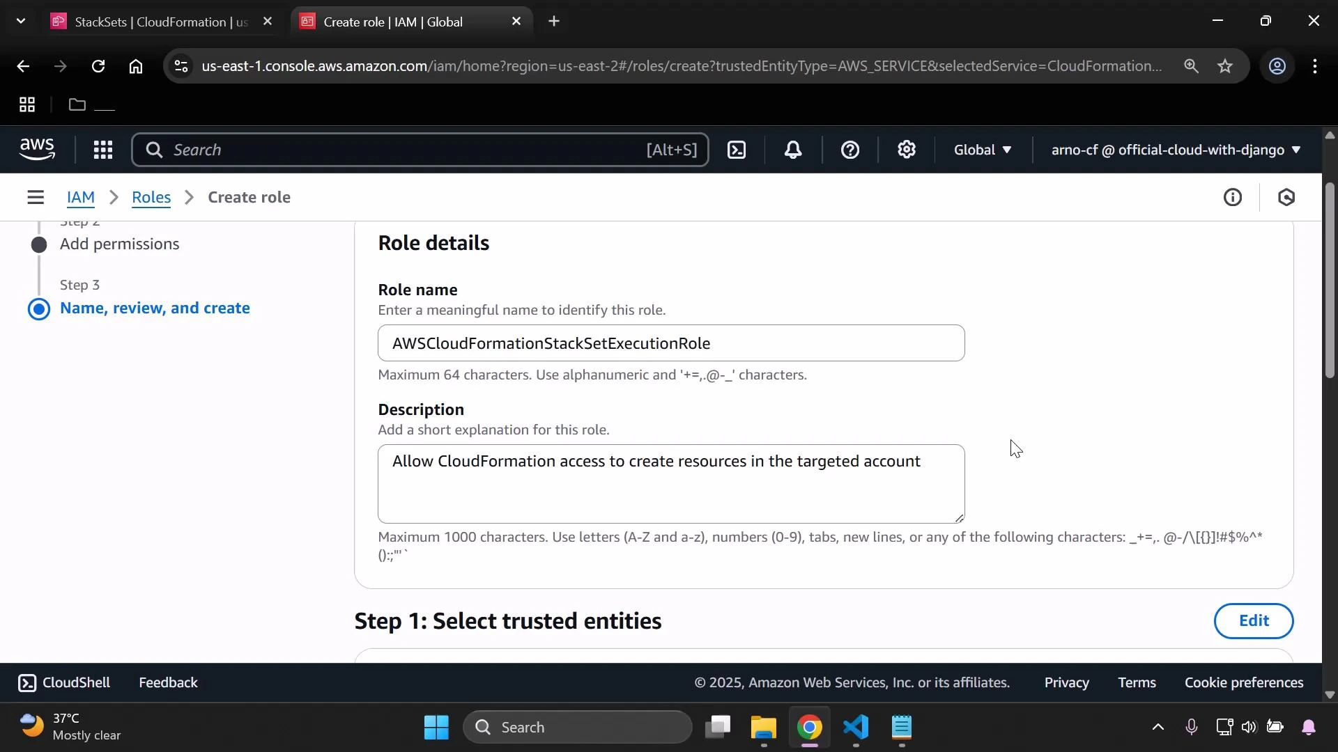 A screenshot of the AWS IAM console on the "Create role" page showing Role details. The role name is set to "AWSCloudFormationStackSetExecutionRole" with a description allowing CloudFormation to create resources in the target account.