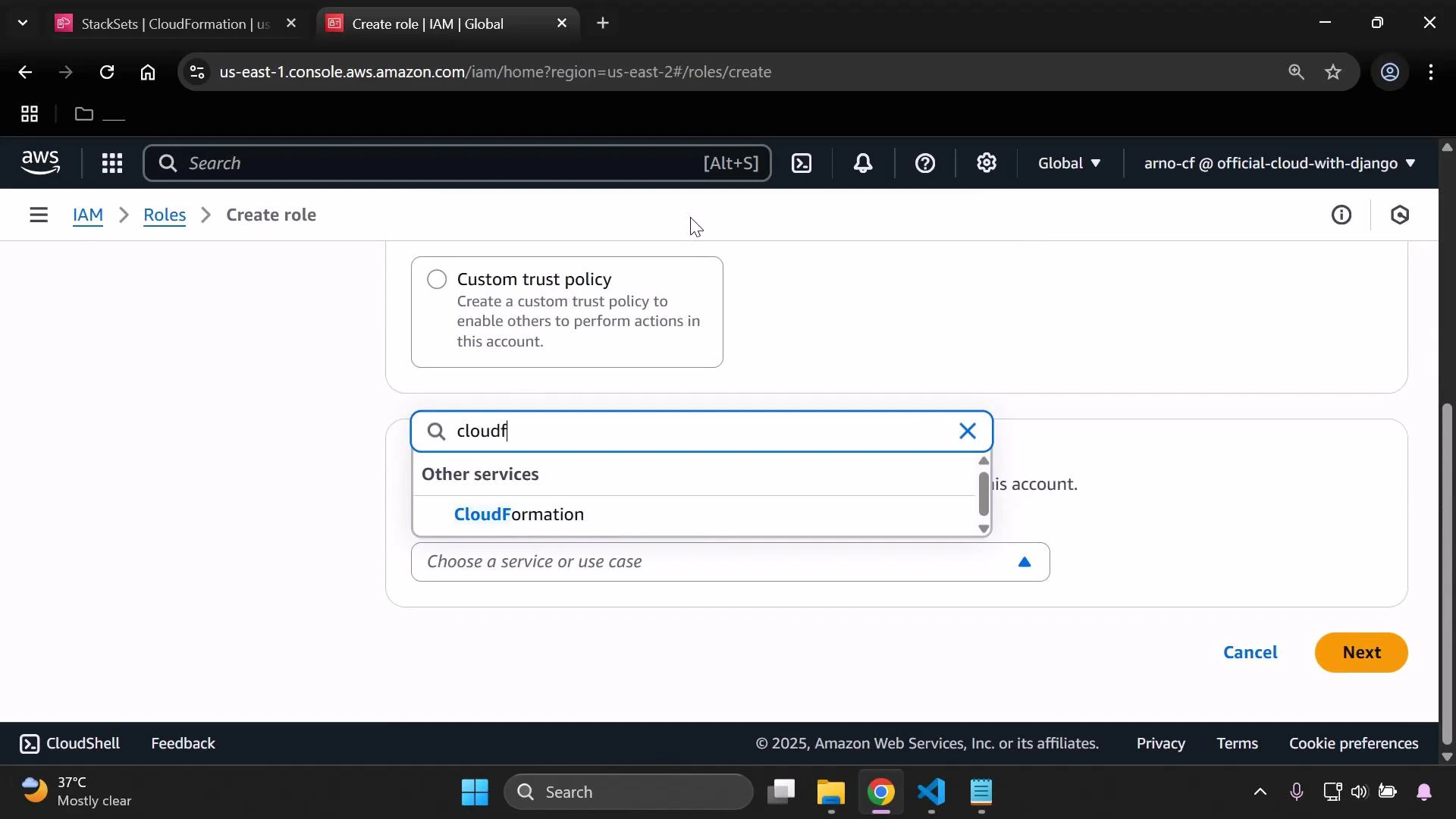 A screenshot of the AWS IAM console on the "Create role" page showing a service search box with "cloudf" typed and "CloudFormation" suggested. The browser window also shows tabs, the Next/Cancel buttons, and the bottom Windows taskbar.