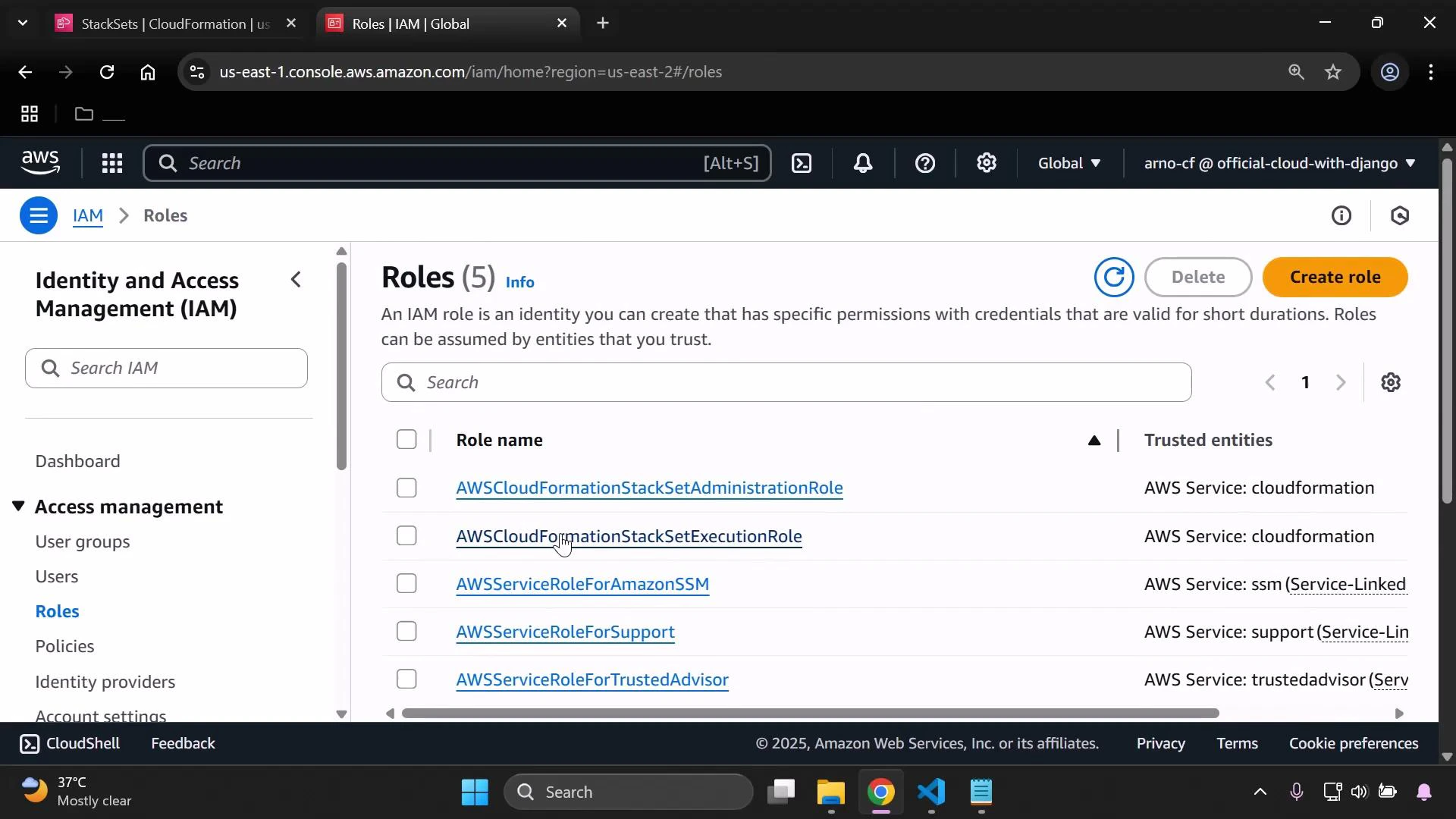 A screenshot of the AWS Identity and Access Management (IAM) console showing the Roles page with a list of roles (e.g., AWSCloudFormationStackSetAdministrationRole, AWSCloudFormationStackSetExecutionRole, AWSServiceRoleForAmazonSSM). The UI shows a search bar, Create role and Delete buttons, and the left-hand Access management navigation.
