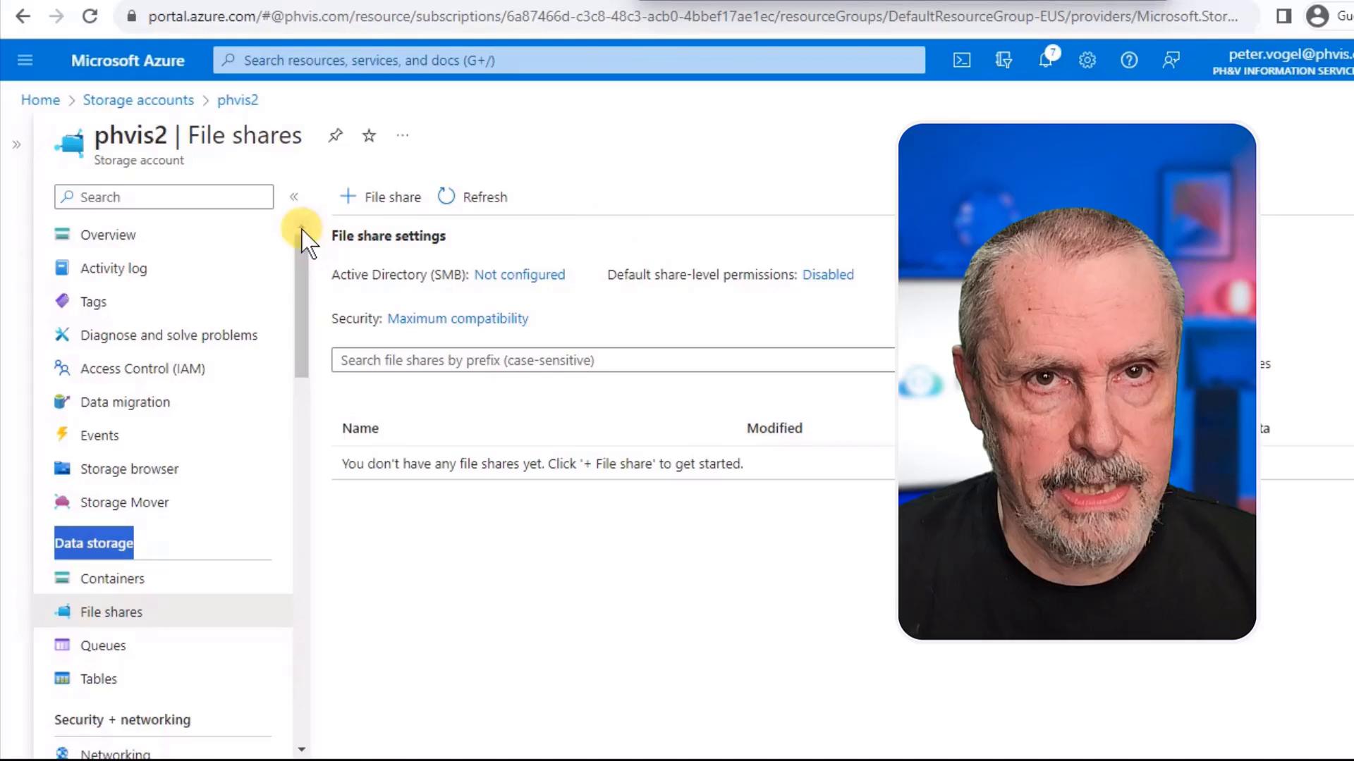 A screenshot of the Microsoft Azure portal open to a "phvis2 | File shares" storage account page, showing menu items and file-share settings. On the right a rounded portrait photo of an older man is overlaid on the screen.