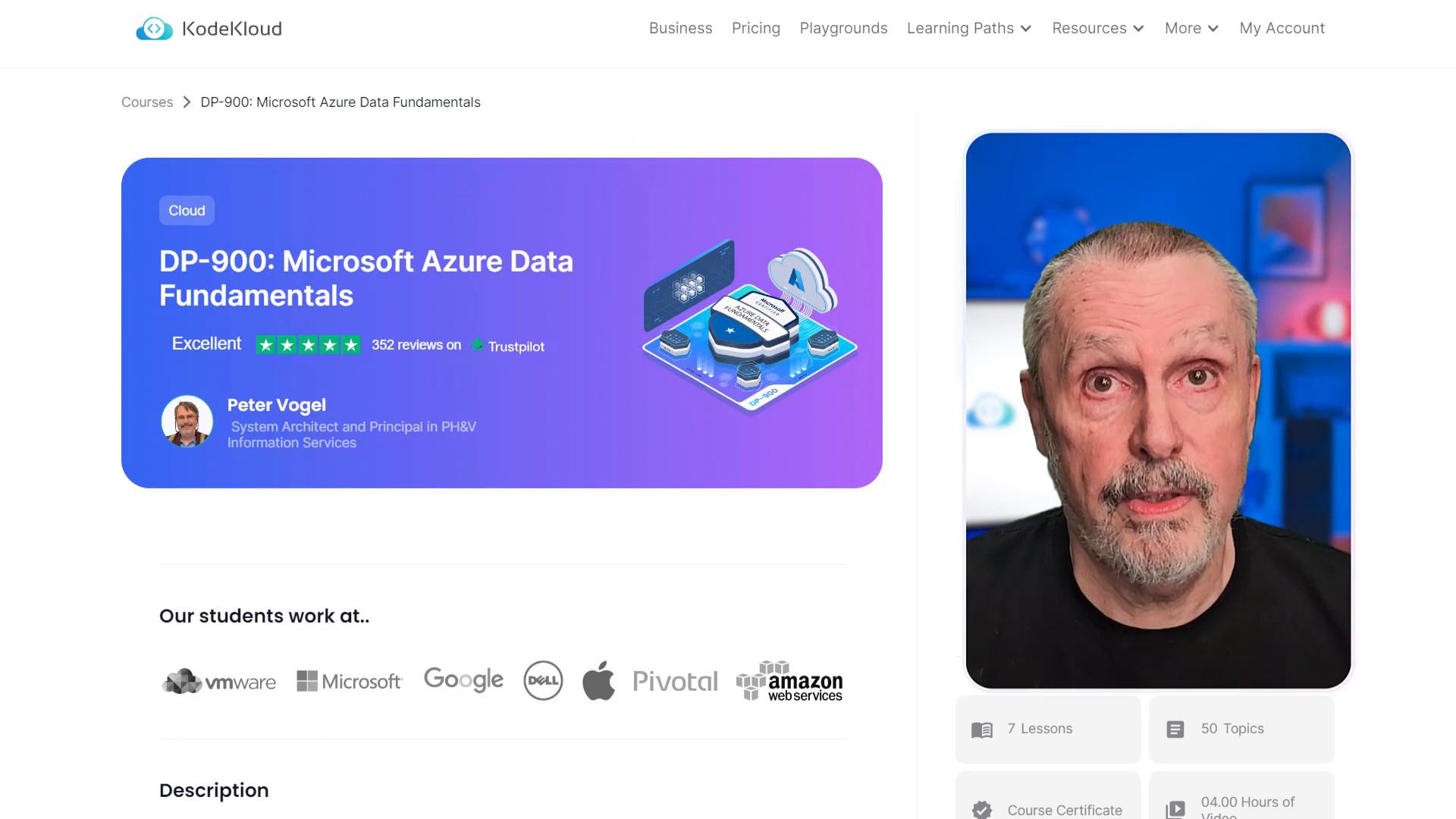 A webpage showing a DP-900: Microsoft Azure Data Fundamentals course card with ratings and a cloud-themed illustration on the left. On the right is a close-up photo of a middle-aged man against a blue-lit background.