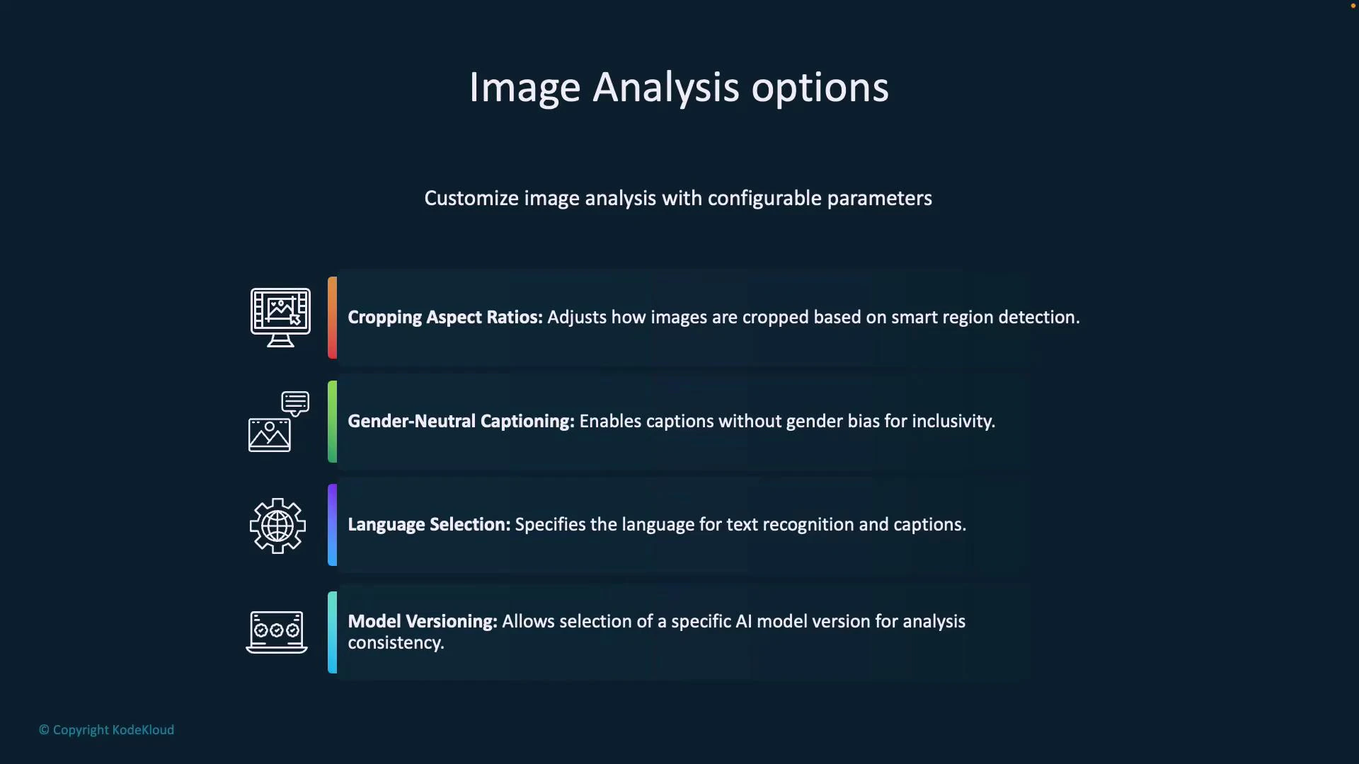 A dark-themed infographic titled "Image Analysis options" that lists configurable settings for image analysis. It highlights four features: Cropping Aspect Ratios, Gender-Neutral Captioning, Language Selection, and Model Versioning, each with an icon and short description.