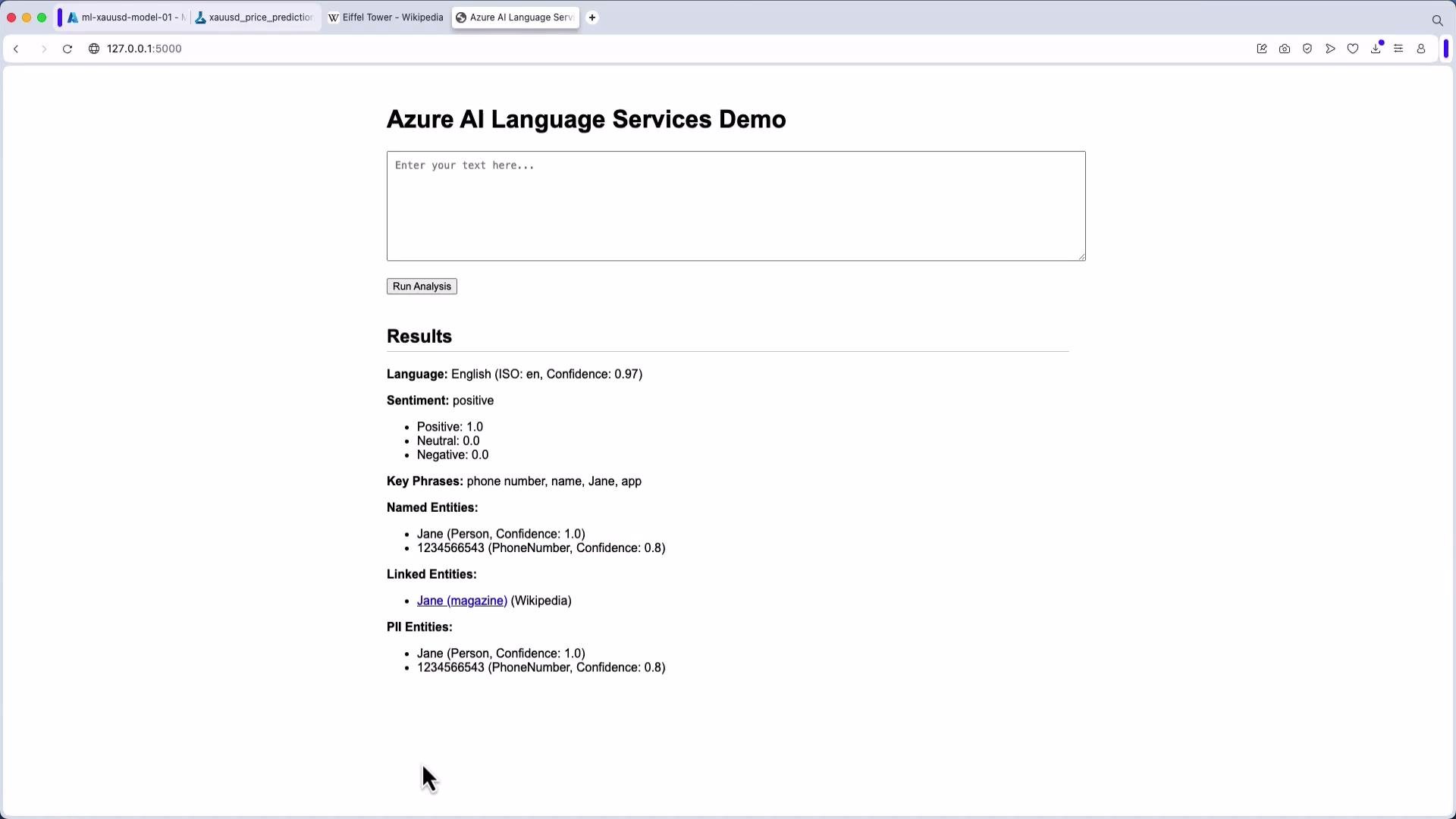 A screenshot of a webpage titled "Azure AI Language Services Demo" showing a text input box, a "Run Analysis" button, and a Results section. The Results list detected language and sentiment (positive), key phrases, and named/PII entities such as "Jane" and a phone number (1234566543).